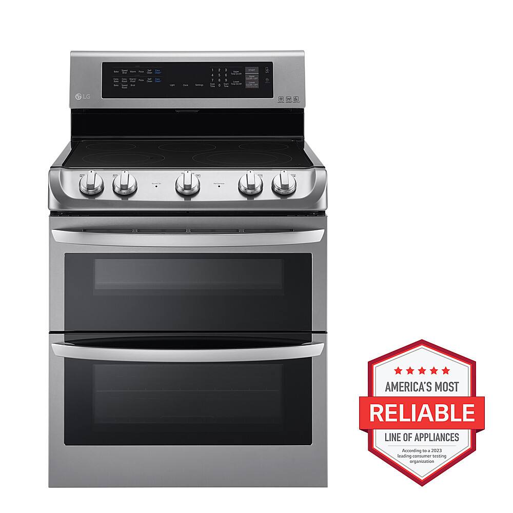 The image features a large, silver electric range oven with a digital display. The oven has a stainless steel finish and is designed with a black glass front. The oven is equipped with a timer and a clock, making it a versatile and functional appliance. The oven is also described as America's most reliable line of appliances, suggesting that it is a high-quality and dependable product.