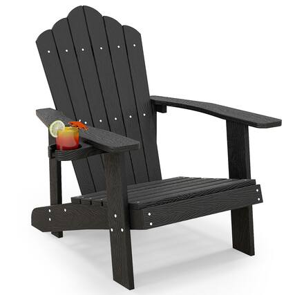 Front. Gymax - Gymax Patio HIPS Outdoor Weather Resistant Slatted Chair Adirondack Chair w/ Cup Holder Black - Black.