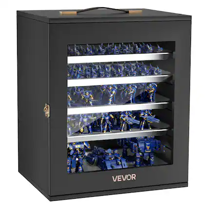 Front. VEVOR - Miniatures Storage Case, Fits for 1:1000-1:1500 Scale Models, Wooden Miniatures Display Holder with 5 Tray & 11 Slots - Black.