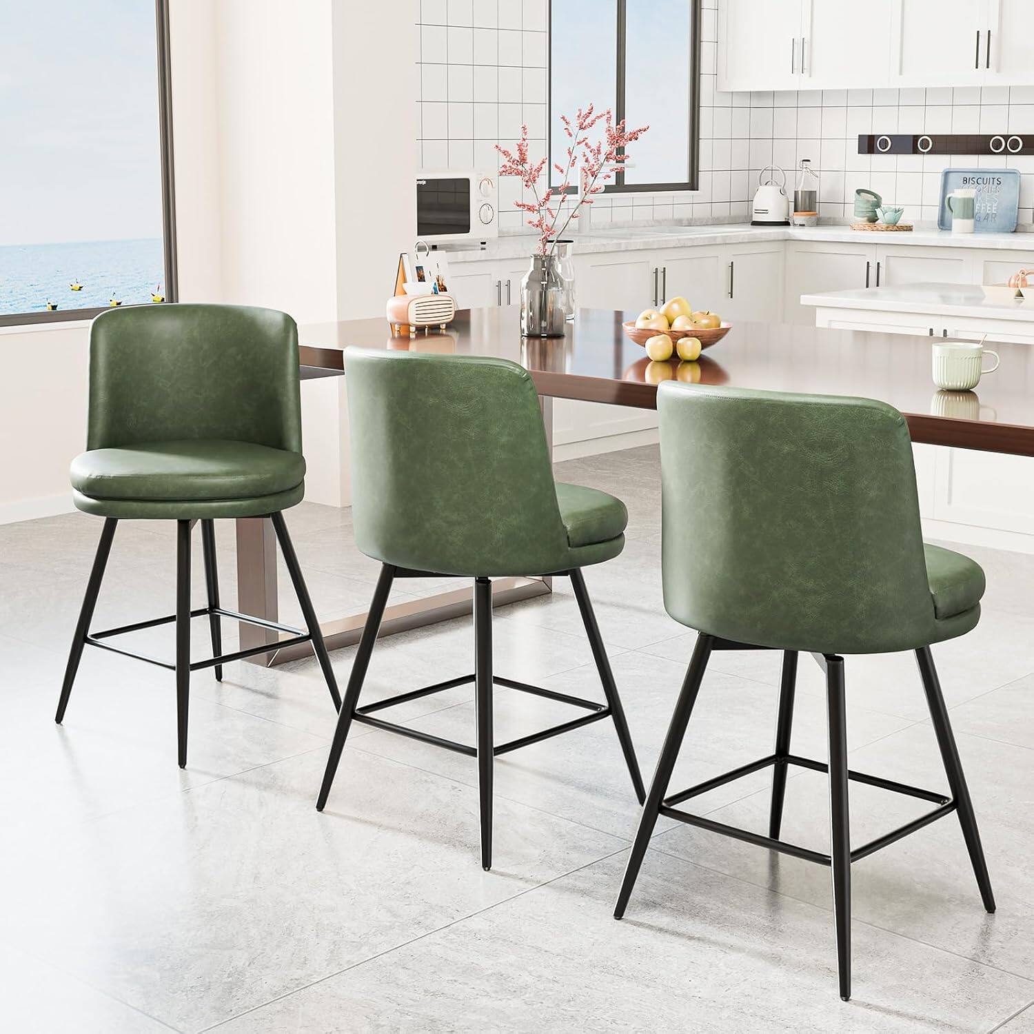 Alt View 5. Winado - 26" H Swivel Barstools PU Faux Leather Upholstered Counter Height Bar Stool Chair with Back, Round Seat, Metal Legs - Vintage Green-Set of 2.