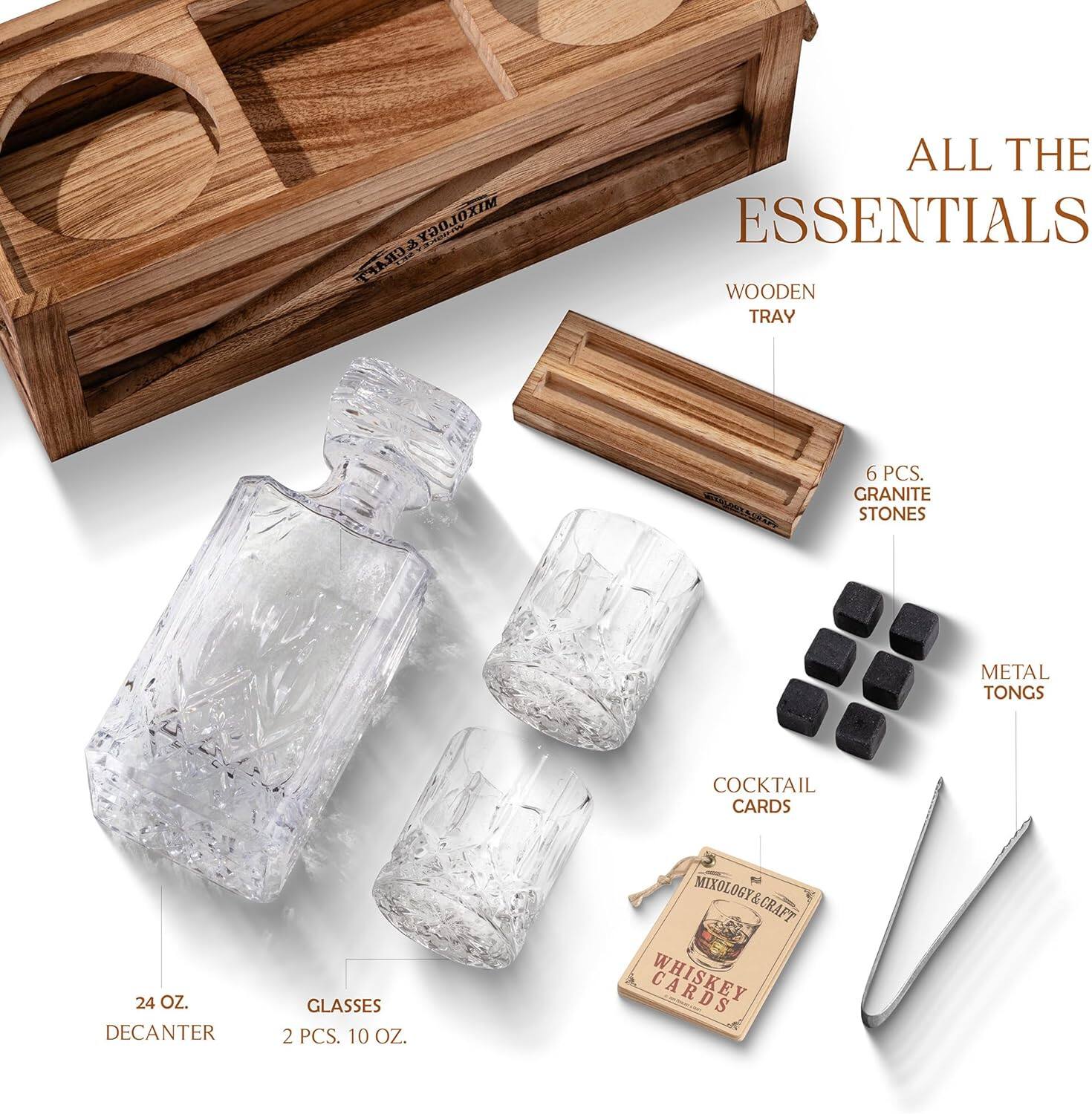 MIXOLOGY & CRAFT  
ALL THE ESSENTIALS  

- WOODEN TRAY  
- 6 PCS. GRANITE STONES  
- METAL TONGS  
- COCKTAIL CARDS  
- 24 OZ. DECANTER  
- 2 PCS. 10 OZ. GLASSES  

MIXOLOGY & CRAFT  
WHISKEY CARDS