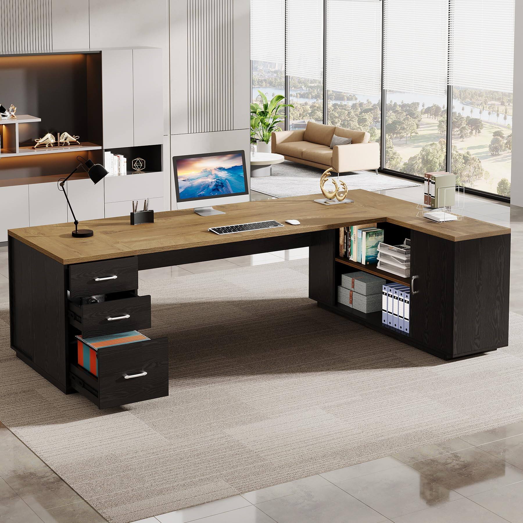 Left. Tribesigns - 85.8-Inch L-Shaped Executive Desk, Extra Large Home Office Desk - Light Brown & Black.