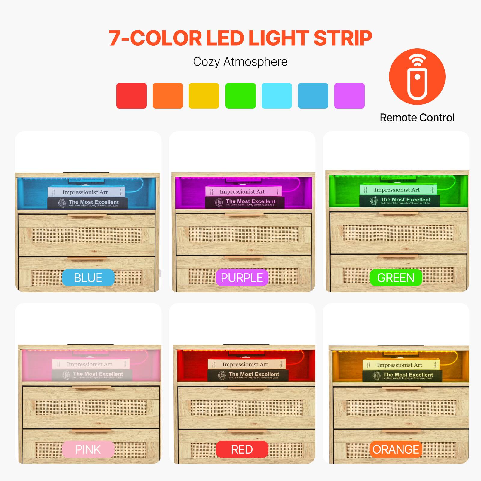 7-COLOR LED LIGHT STRIP  
Cozy Atmosphere  

Remote Control  

BLUE  
PURPLE  
GREEN  
PINK  
RED  
ORANGE  

Impressionist Art  
The Most Excellent