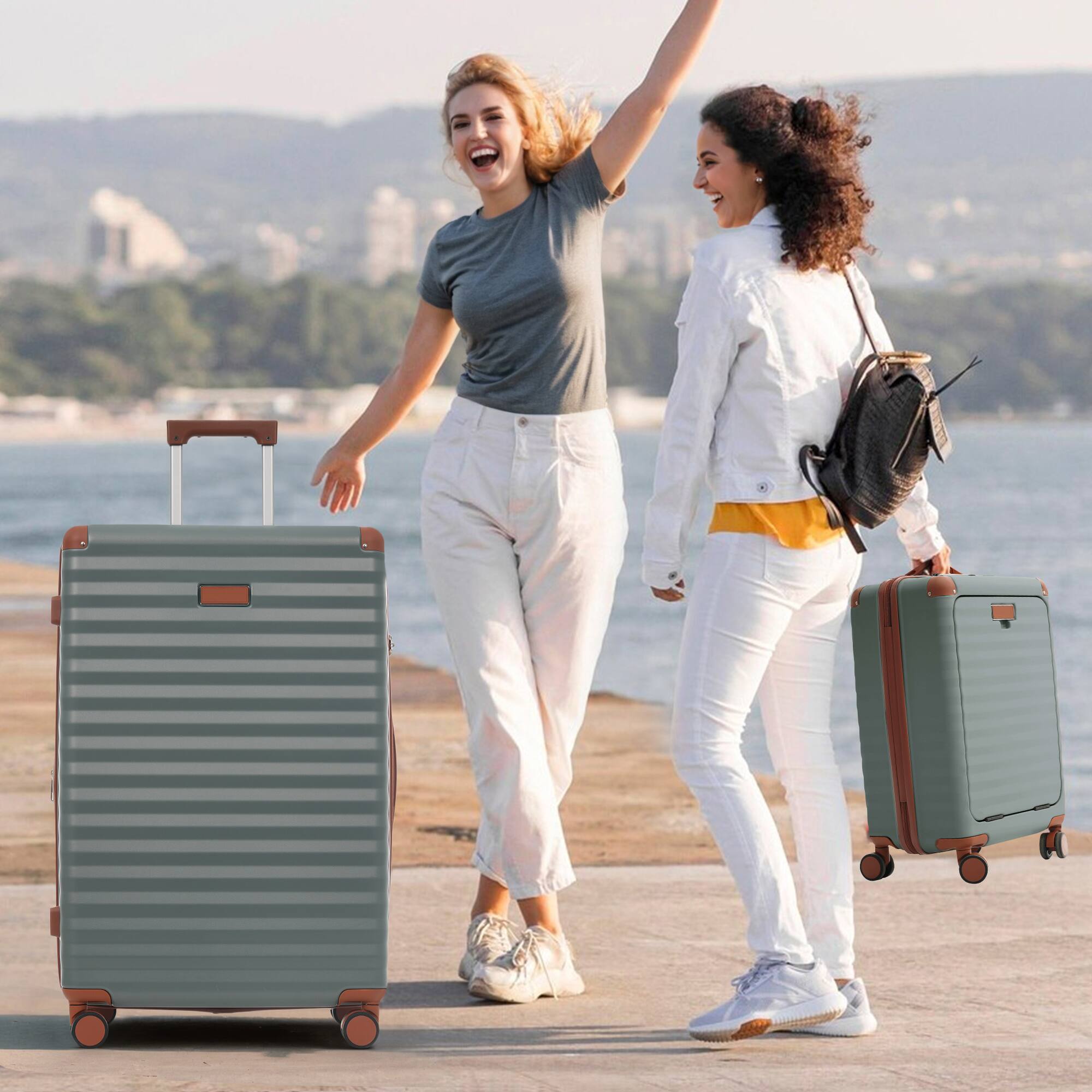 Alt View 8. Ecooso - 5-Piece Expandable ABS Spinner Luggage Set with TSA Lock, USB Port Carry-On, Cup Holder, Duffel, and Toiletry Bag - Blue+Grey.