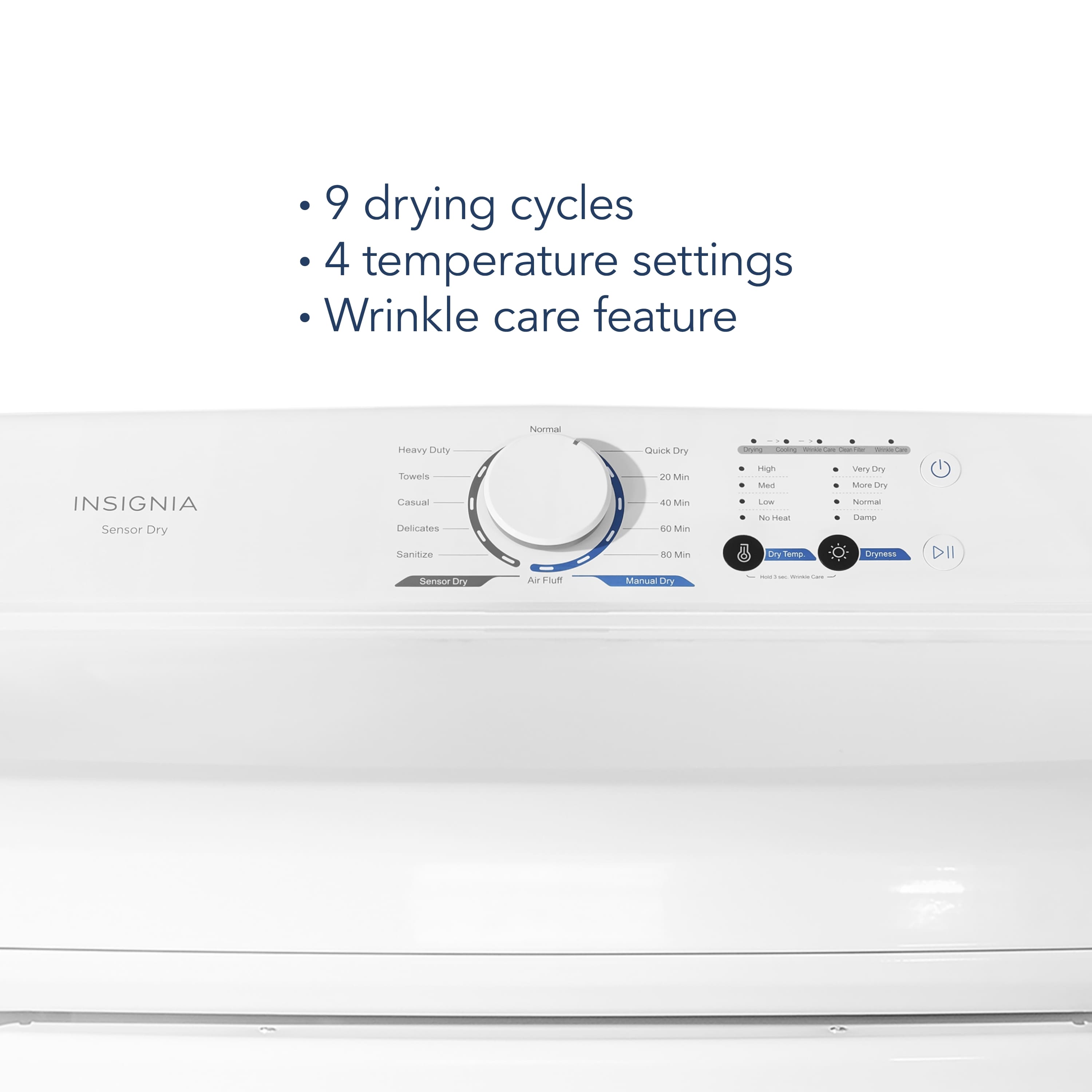 Insignia Sensor Dryer with 9 drying cycles, 4 temperature settings, and wrinkle care feature.