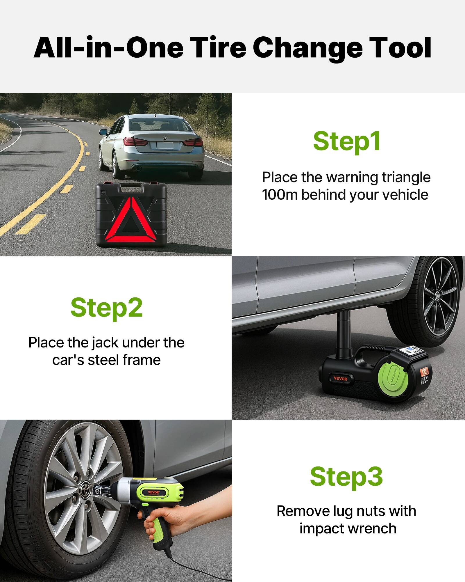 All-in-One Tire Change Tool

Step1
Place the warning triangle 100m behind your vehicle

Step2
Place the jack under the car's steel frame

Step3
Remove lug nuts with impact wrench