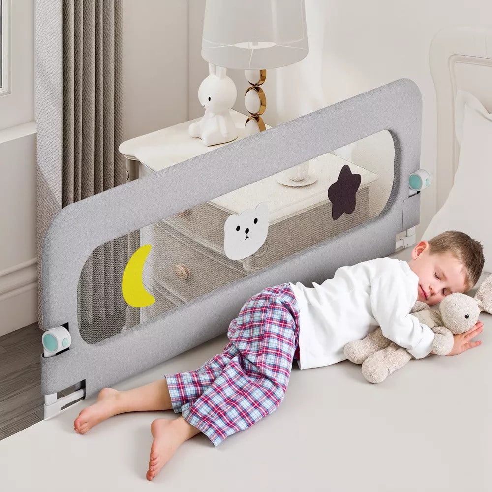SKONYON - 69" Bed Guard Rail for Toddlers with 14-Level Height Adjustment, Foldable Mesh Panel and U-Shaped Base - Gray