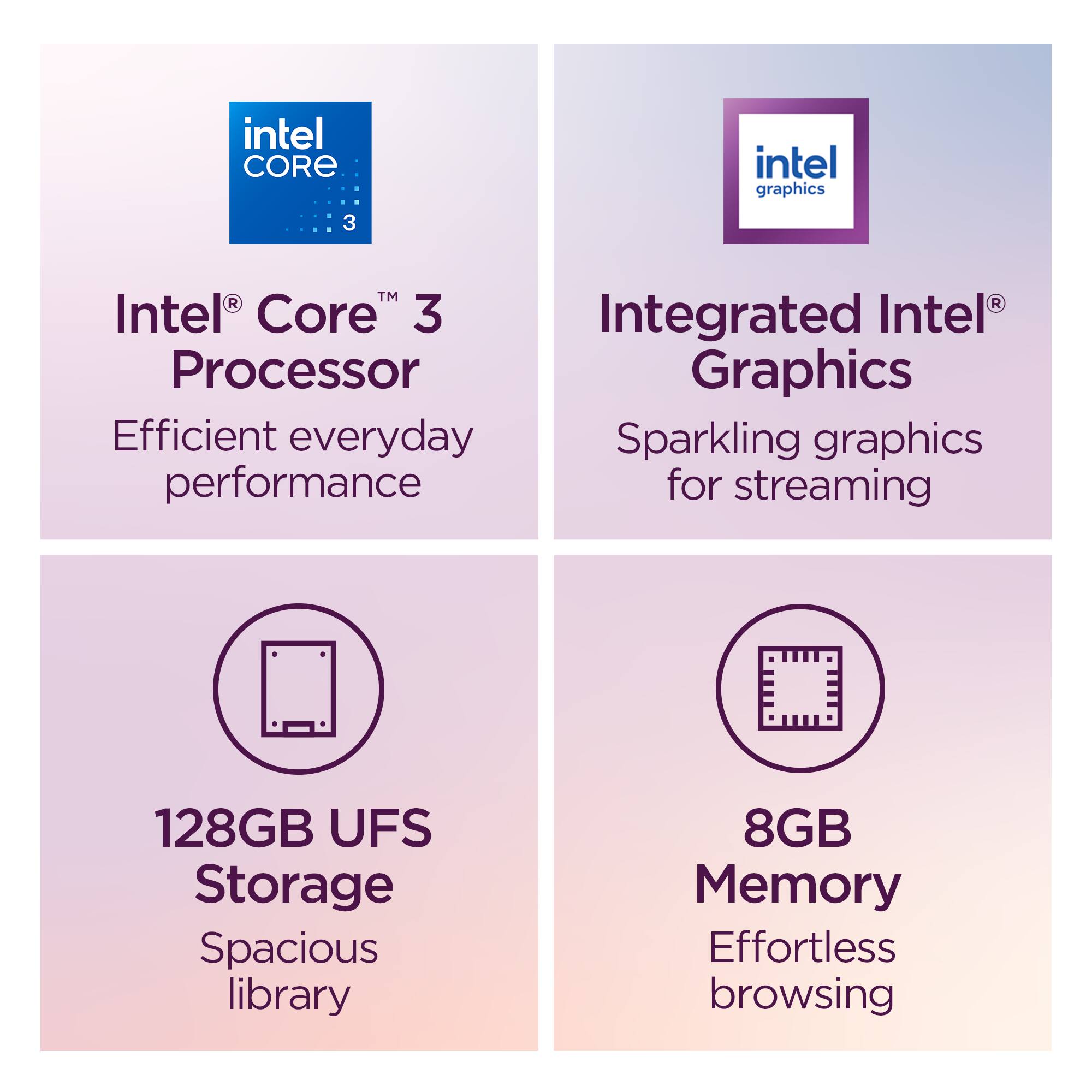 Intel Core 3 Processor  
Efficient everyday performance  

Integrated Intel Graphics  
Sparkling graphics for streaming  

128GB UFS Storage  
Spacious library  

8GB Memory  
Effortless browsing