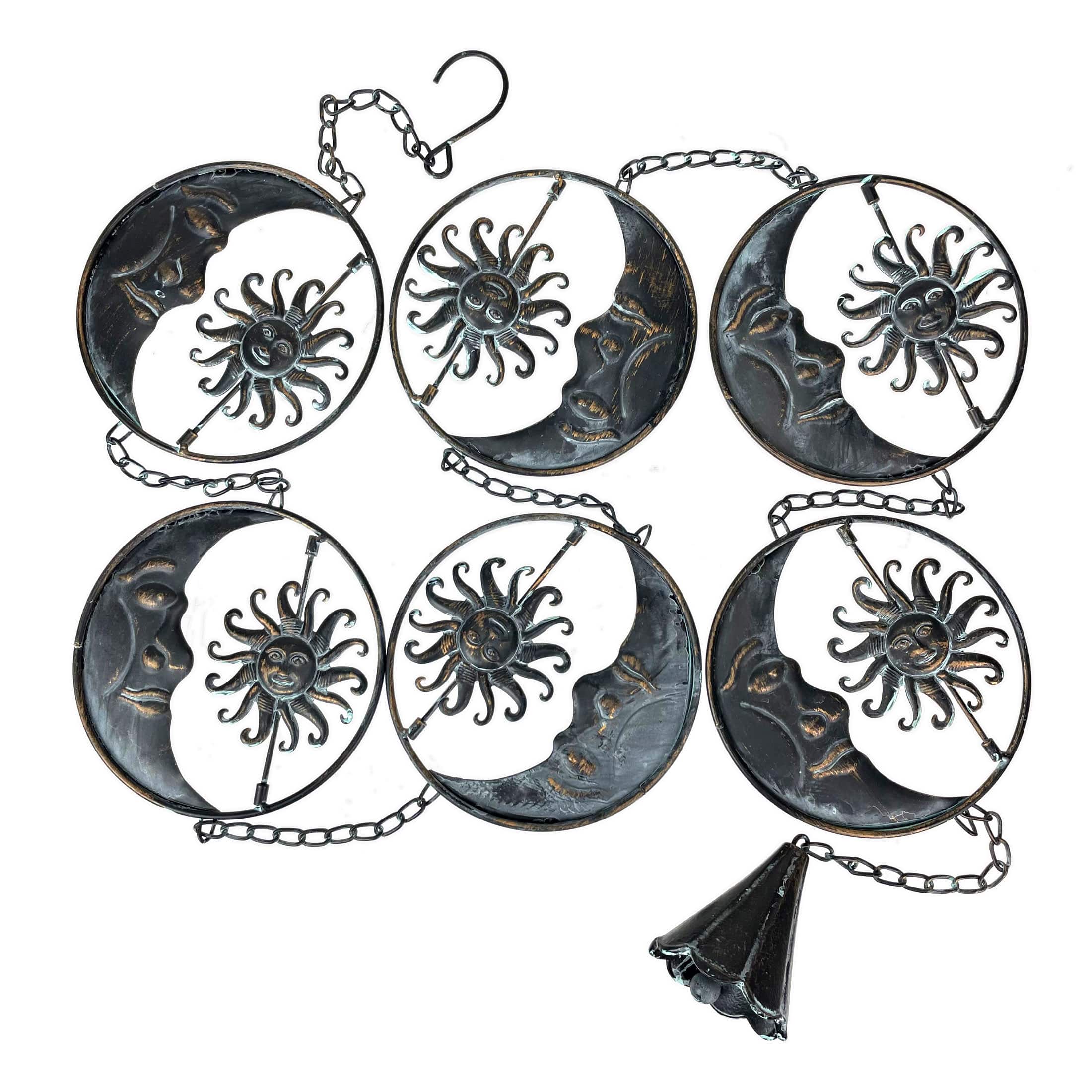 Things2Die4 - 80-Inch Metal Rain Chain - 6 Celestial Crescent Moon & Suns, Verdigris Finish - Black