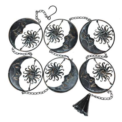 Front. Things2Die4 - 80-Inch Metal Rain Chain - 6 Celestial Crescent Moon & Suns, Verdigris Finish - Black.