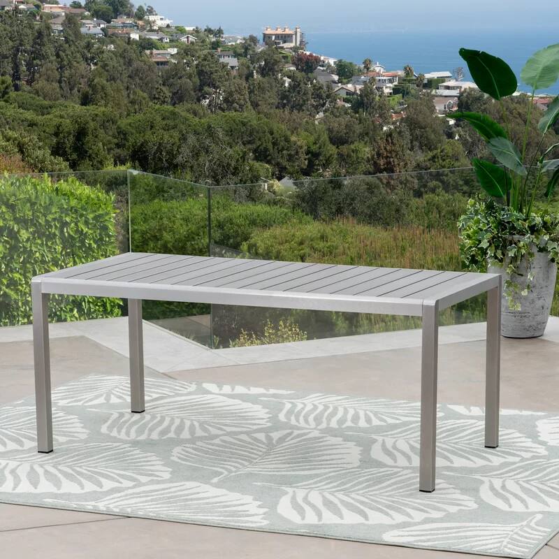 Front. APRILSOUL - Coral Outdoor Aluminum Dining Table Faux Wood Top Gray Finish Grey - Grey,Silver.