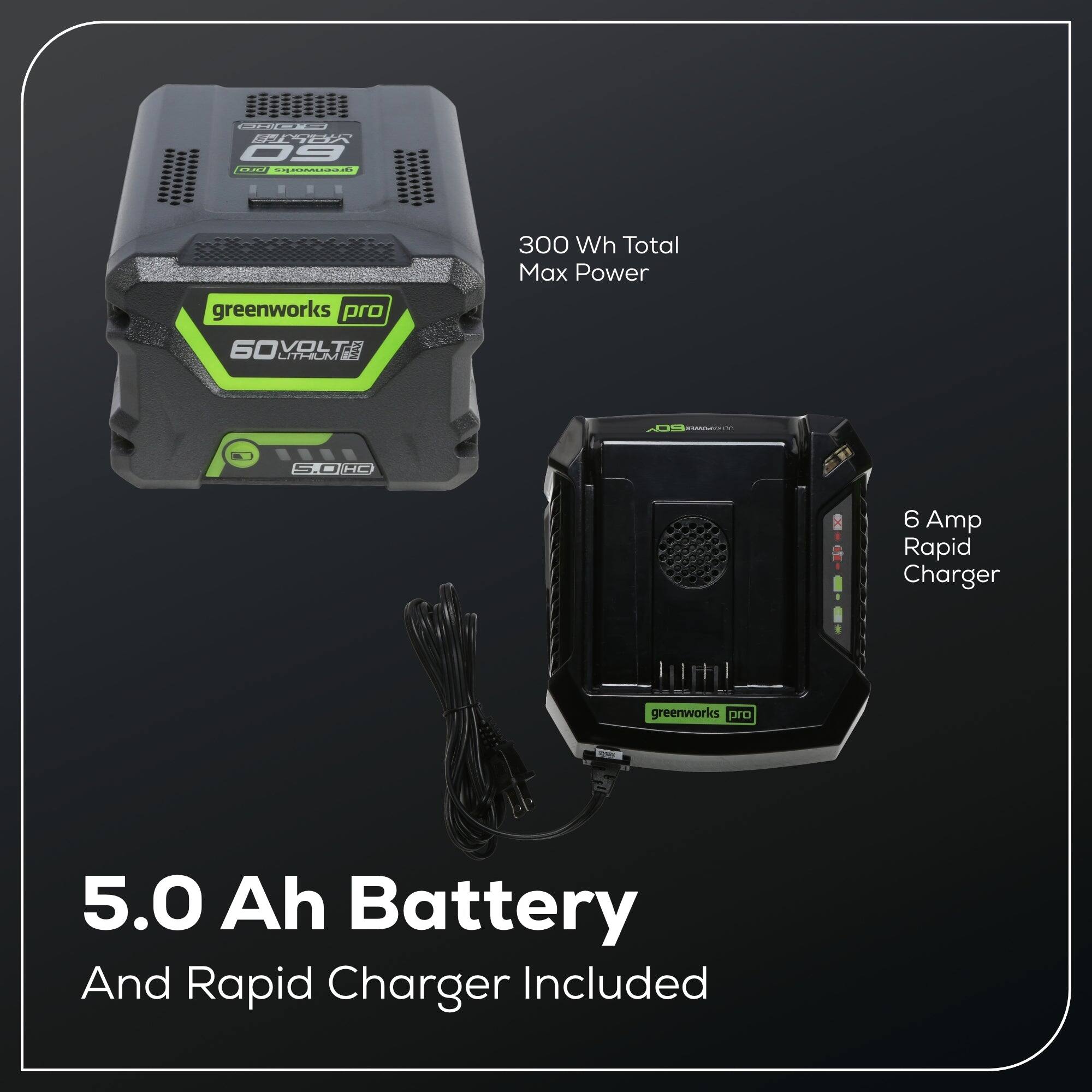 E LODA 09 N cU greenworks Dro 60 SOYALT T- UTHN 300 Wh Total Max Power A0S C ) S.OH H 6 Amp Rapid Charger greenworks pro 5.0 Ah Battery And Rapid Charger Included