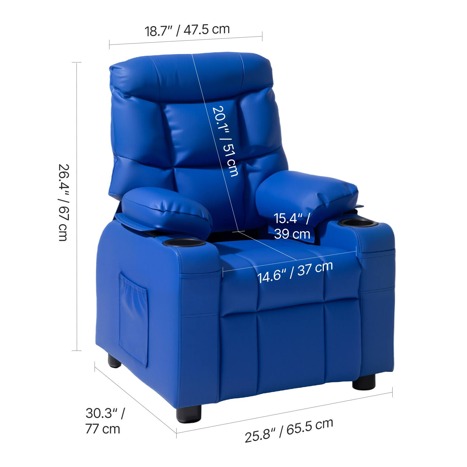 18.7" / 47.5 cm  
26.4" / 67 cm  
20.1" / 51 cm  
15.4" / 39 cm  
14.6" / 37 cm  
30.3" / 77 cm  
25.8" / 65.5 cm