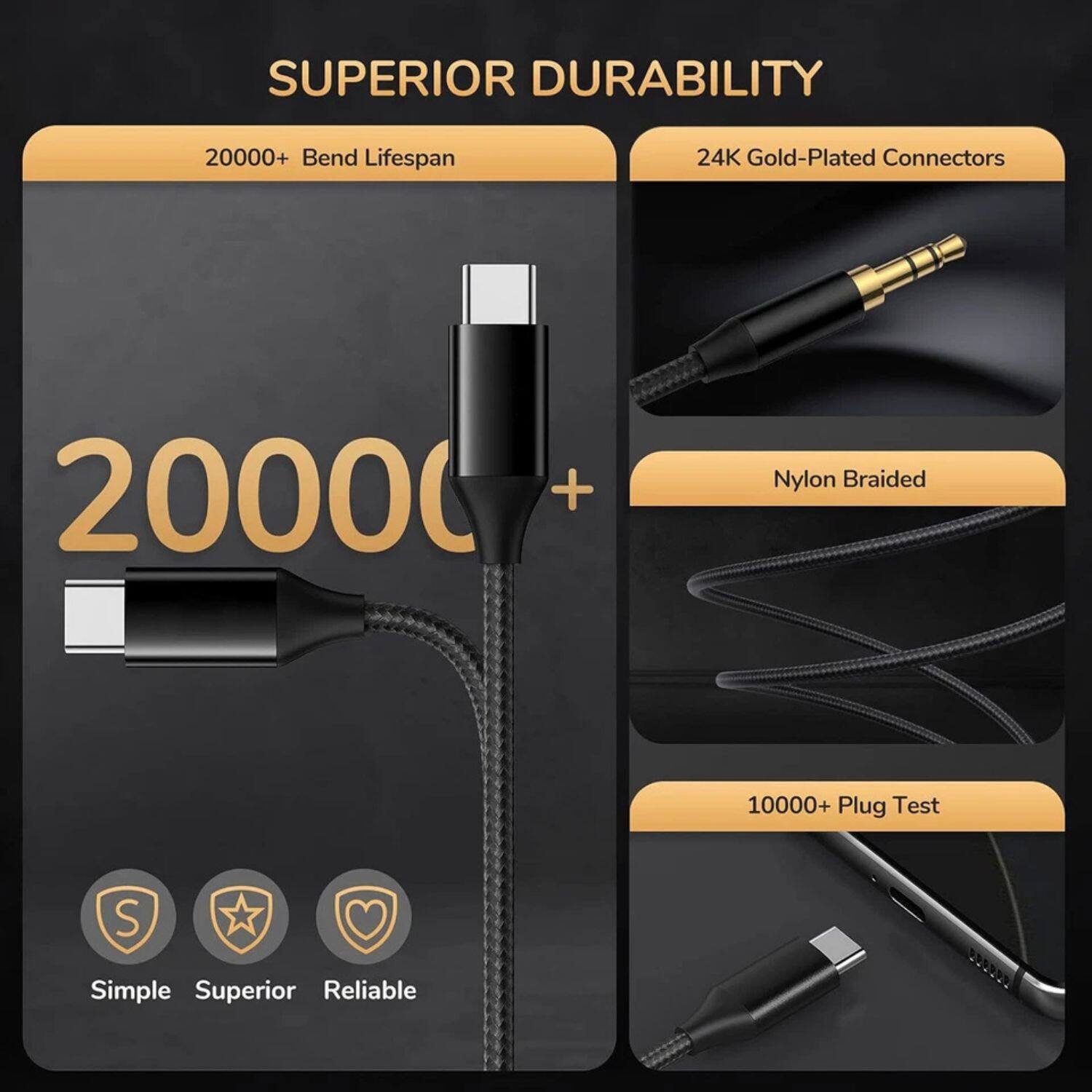 SUPERIOR DURABILITY

20000+ Bend Lifespan

24K Gold-Plated Connectors

Nylon Braided

10000+ Plug Test

Simple Superior Reliable