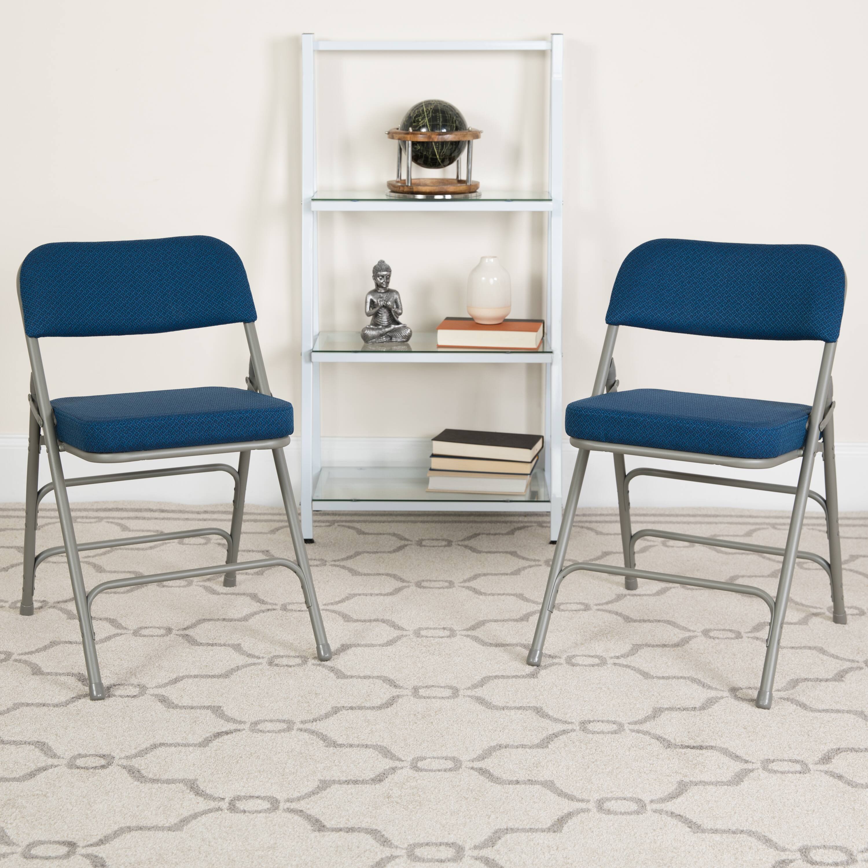 Alt View 2. Emma + Oliver - 4 Pack Premium Curved Triple Braced & Hinged Fabric Upholstered Metal Folding Chair - Navy.