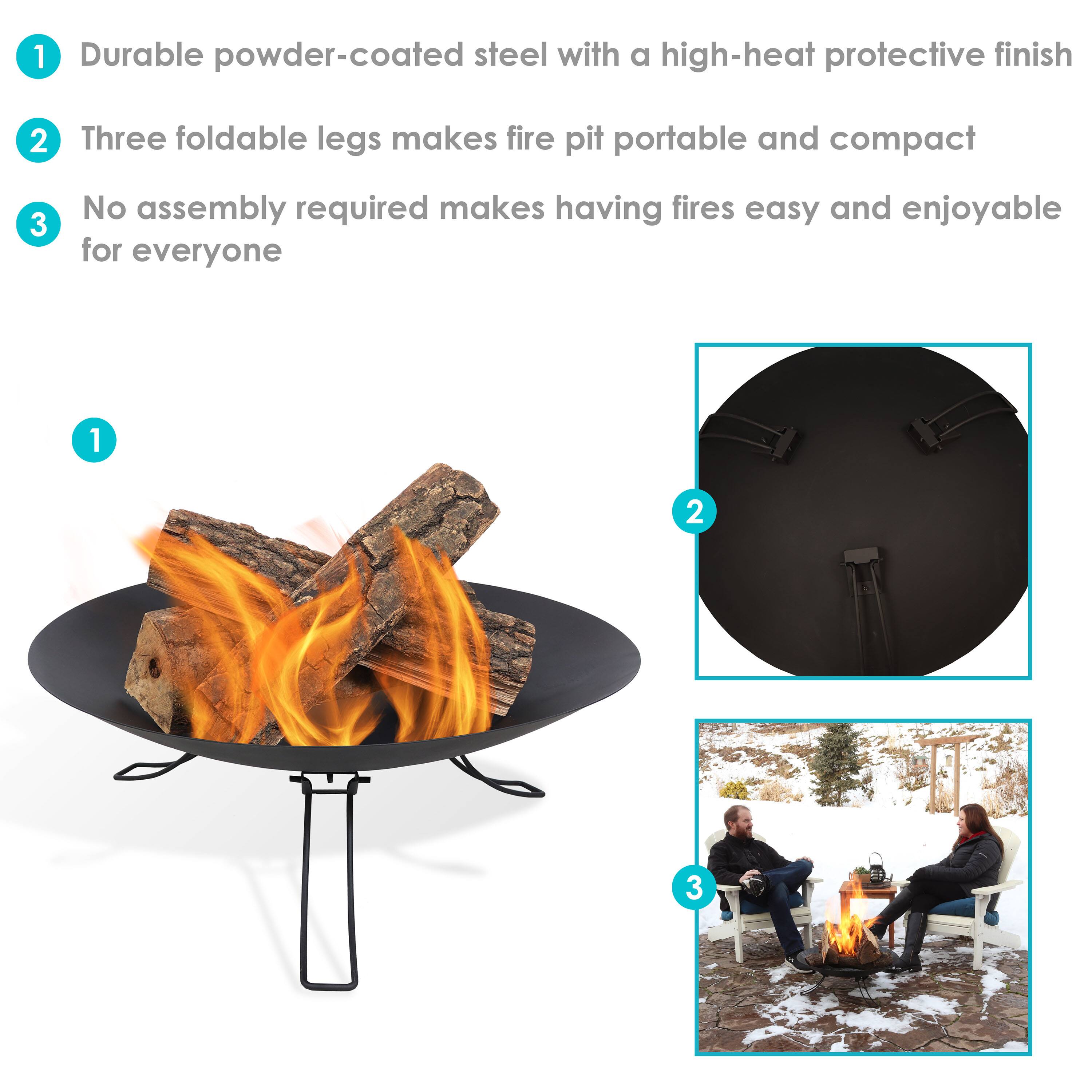 1. Durable powder-coated steel with a high-heat protective finish  
2. Three foldable legs make the fire pit portable and compact  
3. No assembly required makes having fires easy and enjoyable for everyone