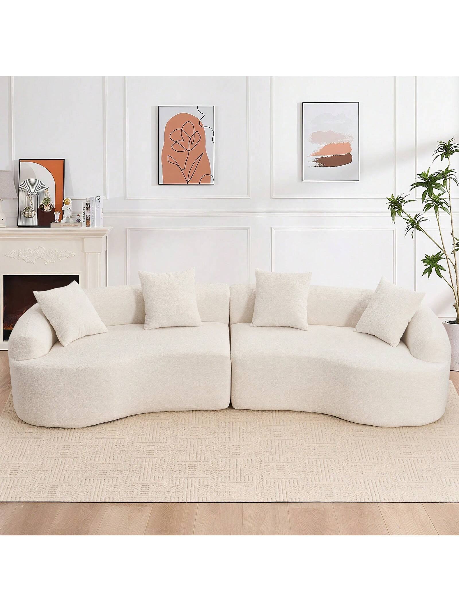 Angle. Trinkets Crazed - 110" Curved Sectional Sofa For Living Room,Deep Seat Cloud Floor Couch With 4 Pillows,Chenille Upholstered Couch - White.