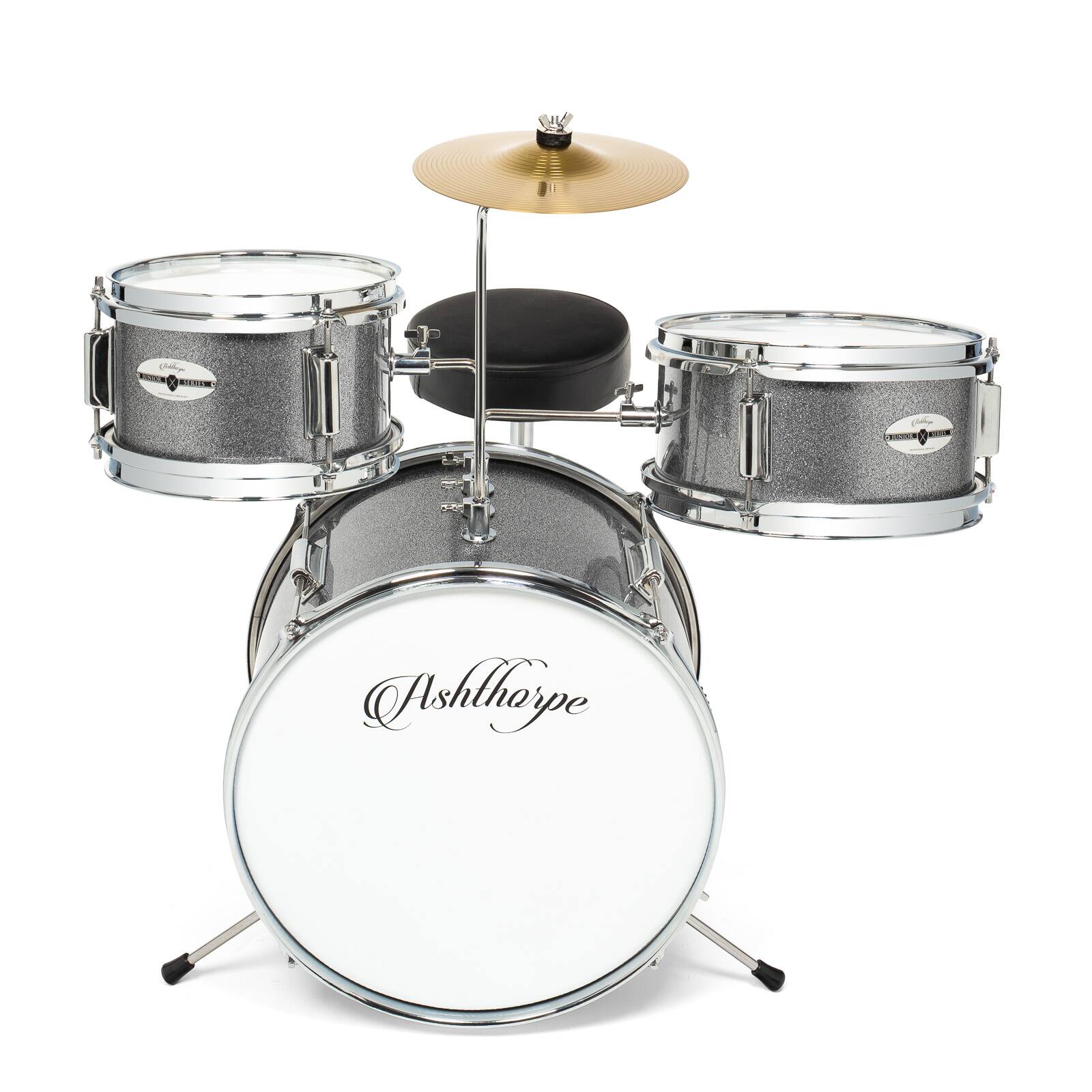 Alt View 1. Ashthorpe - Beginner Drum Kit with Brass Cymbals (Set of 3) - Silver.