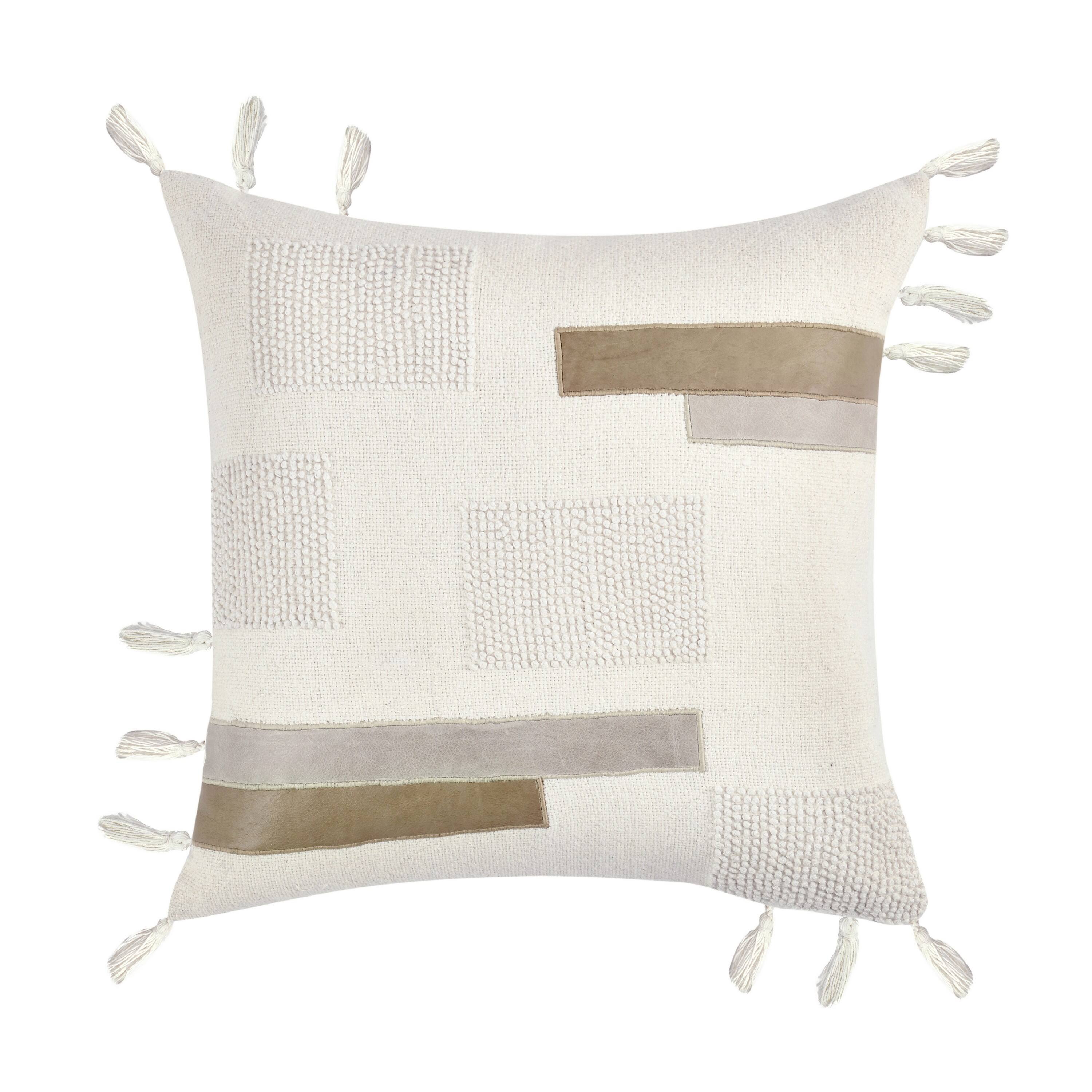 Front. Manhattan Lane - Throw Pillow, Tasseled Edges with Embroidery, 22 Inch  Fabric - Ivory.