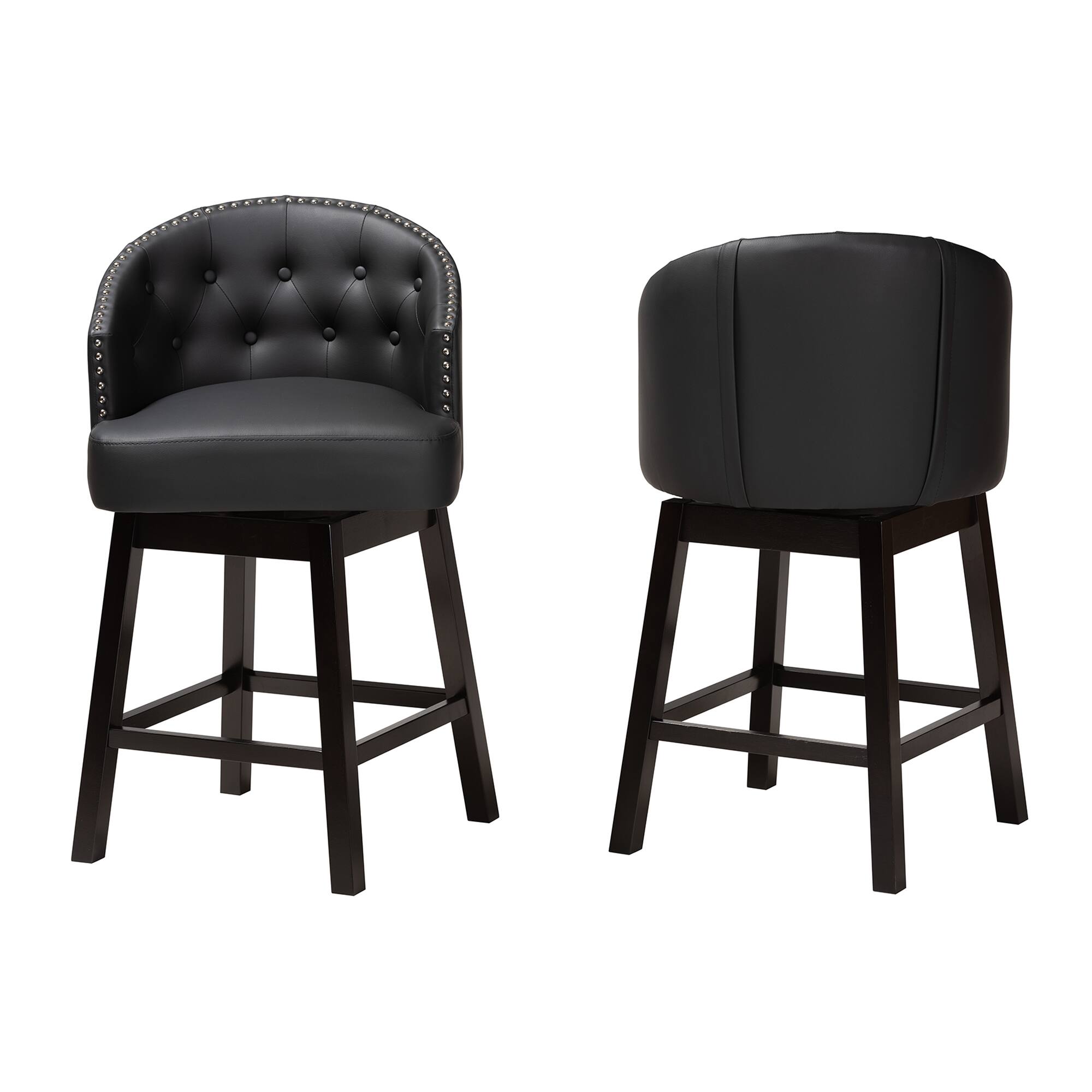 Angle. Baxton Studio - Theron Mid-Century Transitional Faux Leather and Espresso Finished Wood 2-Piece Swivel Counter Stool Set - Black/Espresso Brown.
