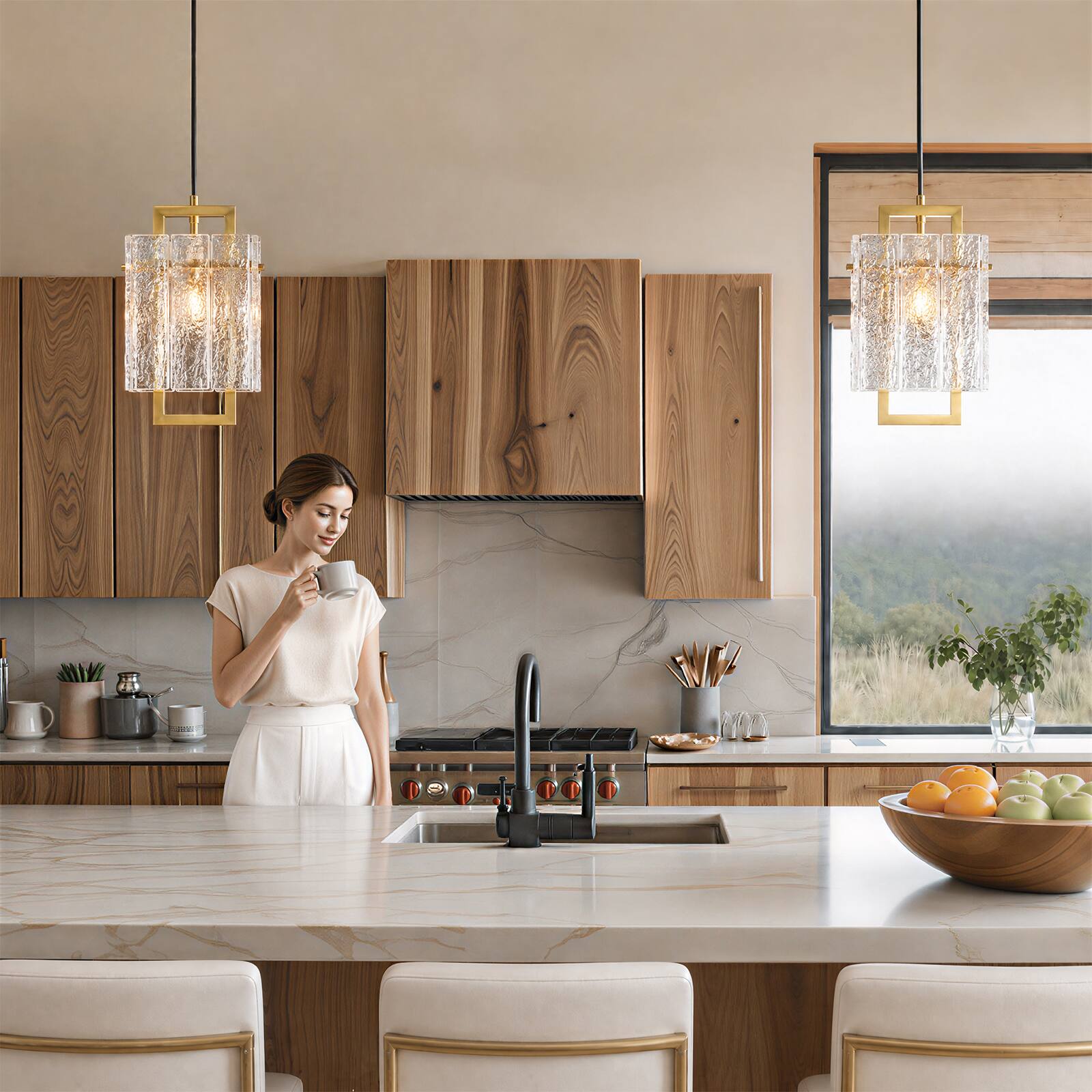 Alt View 2. Siljoy - Square Frame Cracked Glass Lampshade Pendant Light - Gold.