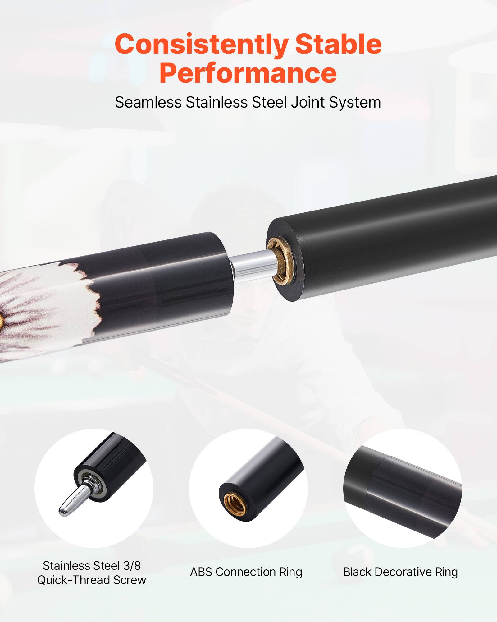 Consistently Stable Performance  
Seamless Stainless Steel Joint System  

Stainless Steel 3/8 Quick-Thread Screw  
ABS Connection Ring  
Black Decorative Ring