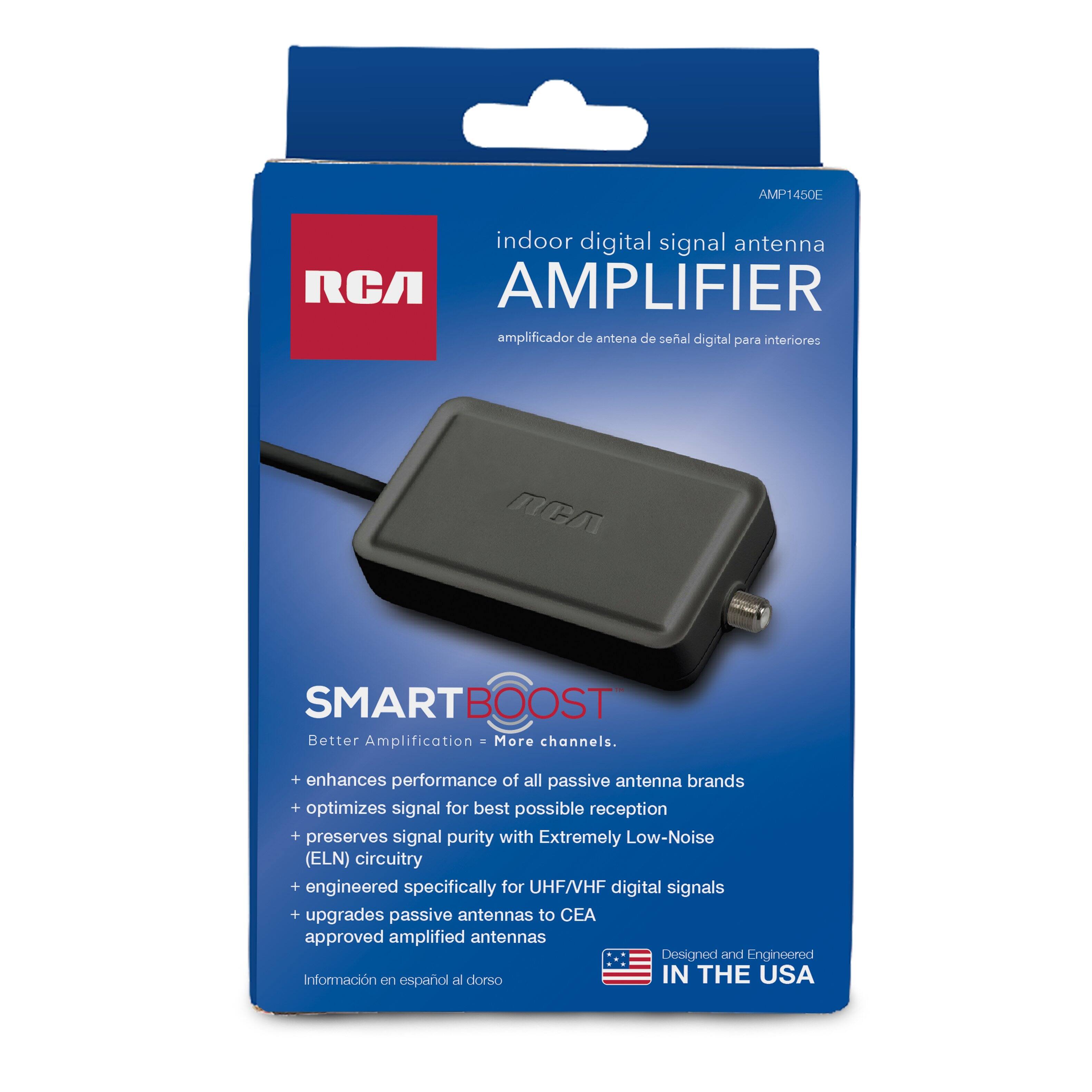 AMP1450E  
indoor digital signal antenna RCA AMPLIFIER amplificador de antena de señal digital para interiores

SMARTBOOST  
Better Amplification = More channels.  
+ enhances performance of all passive antenna brands  
+ optimizes signal for best possible reception  
+ preserves signal purity with Extremely Low-Noise (ELN) circuitry  
+ engineered specifically for UHF/VHF digital signals  
+ upgrades passive antennas to CEA approved amplified antennas  
Designed and Engineered  
Información en español al dorso  
IN THE USA