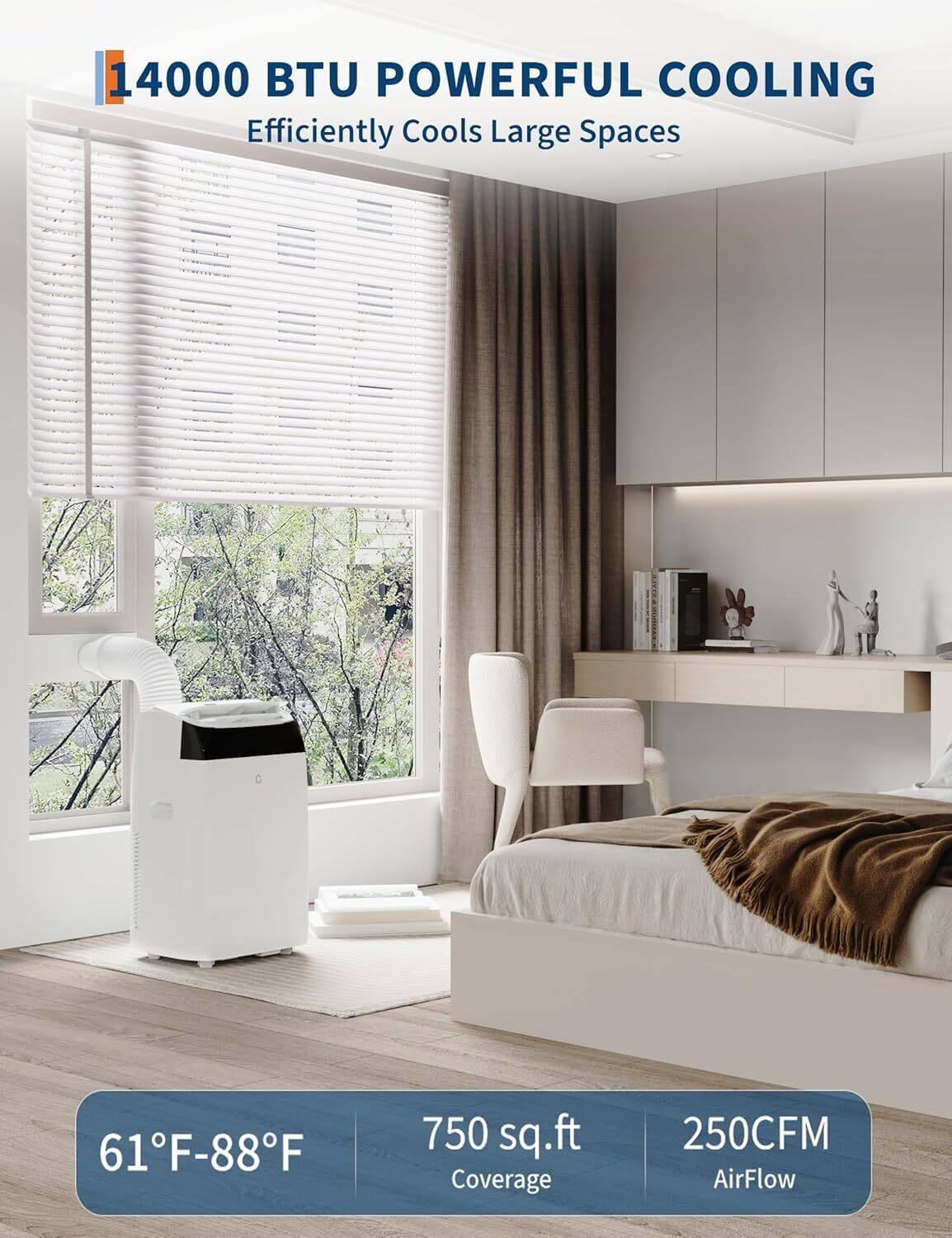 14000 BTU POWERFUL COOLING  
Efficiently Cools Large Spaces  

61°F-88°F  
750 sq.ft Coverage  
250CFM AirFlow
