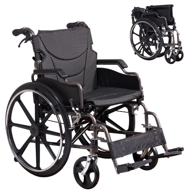ELEMENT ACE - Folding Manual Transport Wheelchair with Front and Rear Locking Brakes, 18 Inch Seat and Quick Release Wheels - Dark Gray