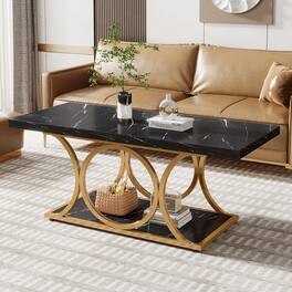 Tribesigns - Rectangle Coffee Table, 47.24-inch Modern Coffee Tables for Living Room, 2-Tier Faux Marble Wood Coffee Table with Geome - Black/Gold