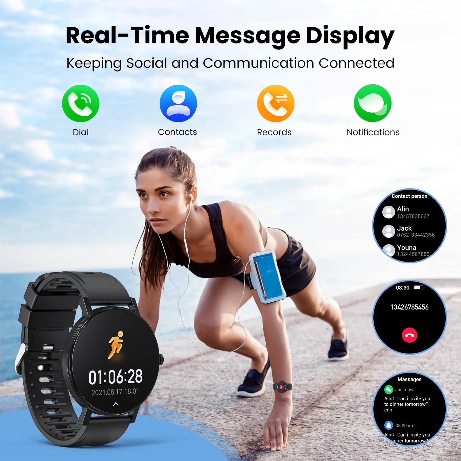 Real-Time Message Display  
Keeping Social and Communication Connected  

Dial  
Contacts  
Records  
Notifications  

Contact person  
Alin  
13457835667  
Jack  
0752-33442356  
Youna  
13244567885  

08:30  
13426785456  

01:06:28  
2021.08.17 18:01  

Messages  
Just now  
Alin: Can I invite you to dinner tomorrow?  

08:20am  
Alin: Can I invite you to dinner tomorrow?