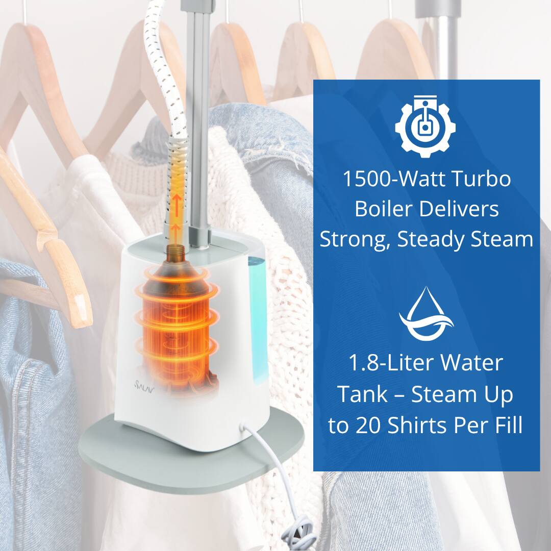 1500-Watt Turbo Boiler Delivers Strong, Steady Steam  
1.8-Liter Water Tank – Steam Up to 20 Shirts Per Fill