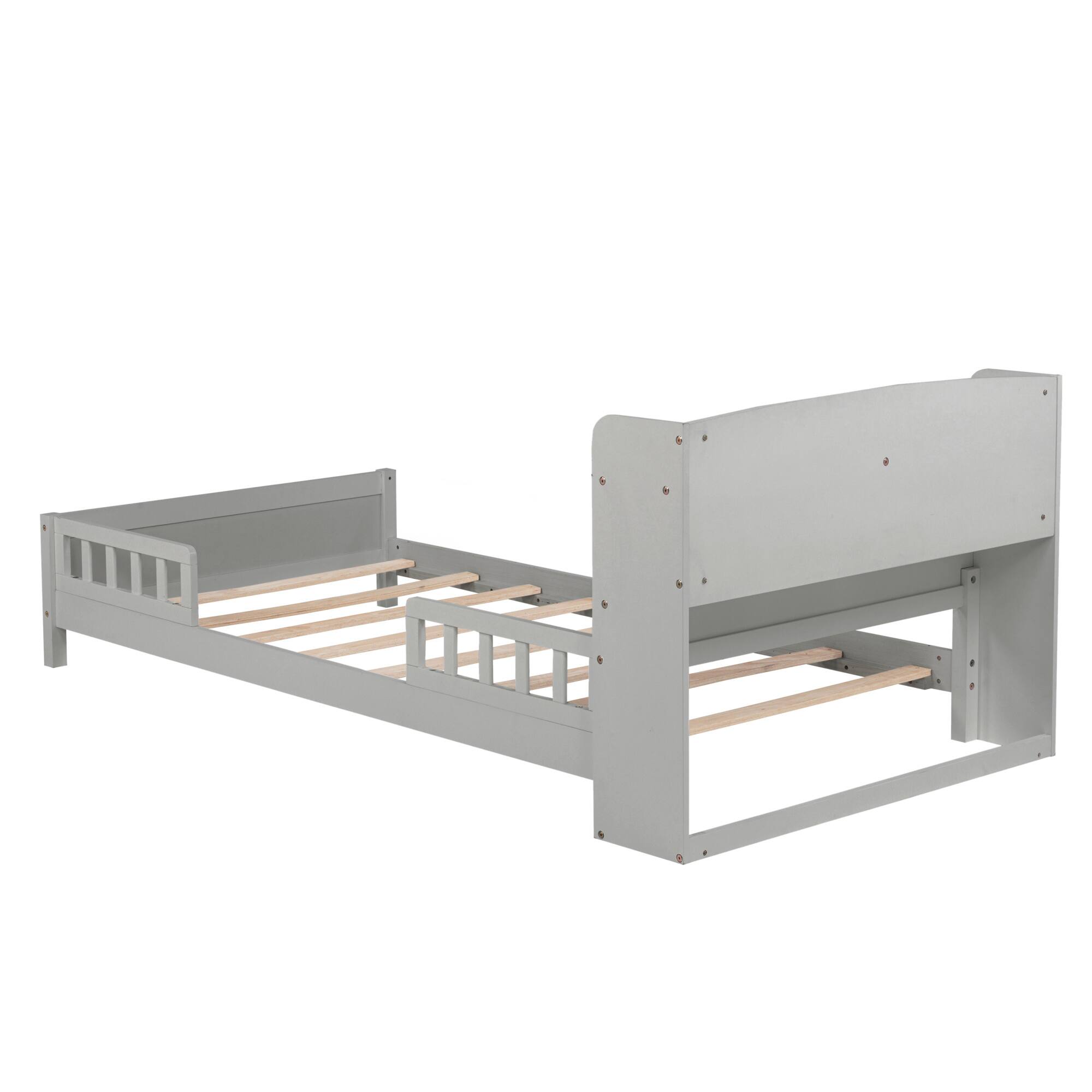 Left. GOODSILO - Twin Bed with Integrated Bookshelf Headboard and Motion Sensor LED Lighting System for Enhanced Bedroom Functionality - Grey.