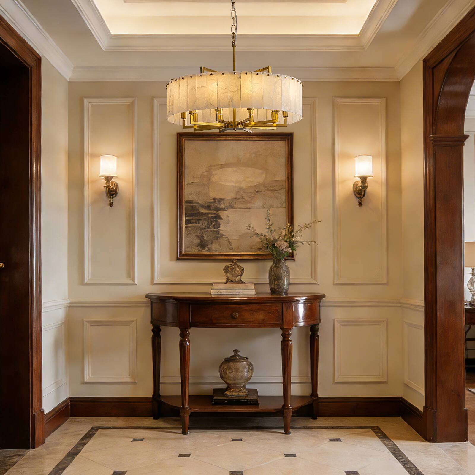 Alt View 8. Siljoy - 31.5-In Mid Century Alabaster Drum Chandelier, 10-Light Polished Brass Ceiling Light for Dining Room Living Room Bedroom - Gold Brass.