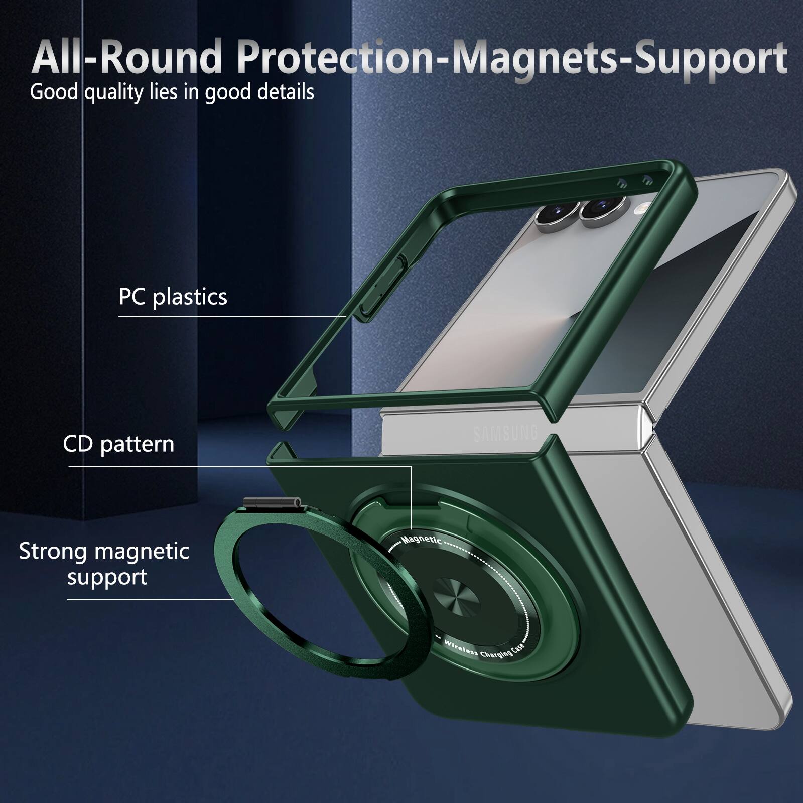 All-Round Protection-Magnets-Support  
Good quality lies in good details  
PC plastics  
CD pattern  
Strong magnetic support  
Magnetic Wireless Charging Case