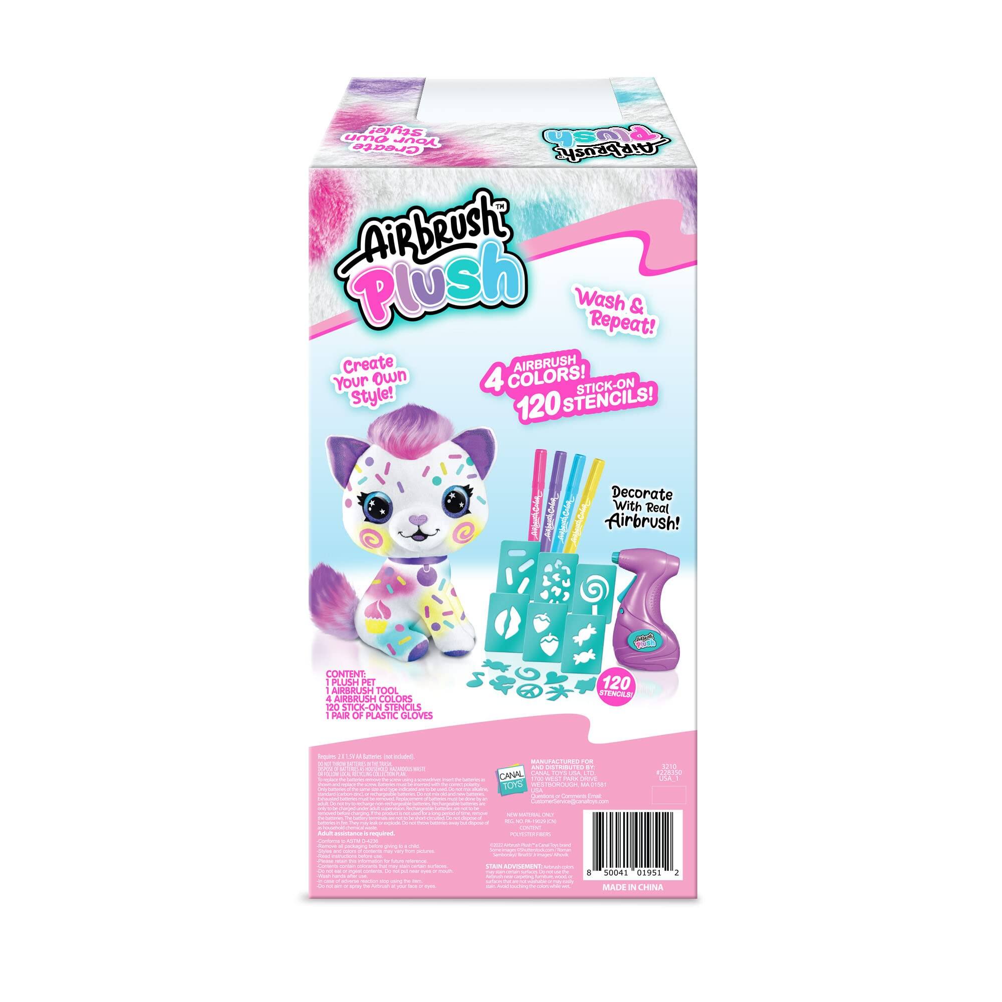 Airbrush Plush  
Create Your Own Style!  
Wash & Repeat!  
Create AIRBRUSH Your own 4 COLORS!  
STICK-ON Style!  
120 STENCILS!  
Decorate With Real Airbrush!  

CONTENTS:  
1 PLUSH PET TOOL  
4 AIRBRUSH COLORS  
120 STENCILS  
1 PAIR OF PLASTIC GLOVES  

MADE IN CHINA