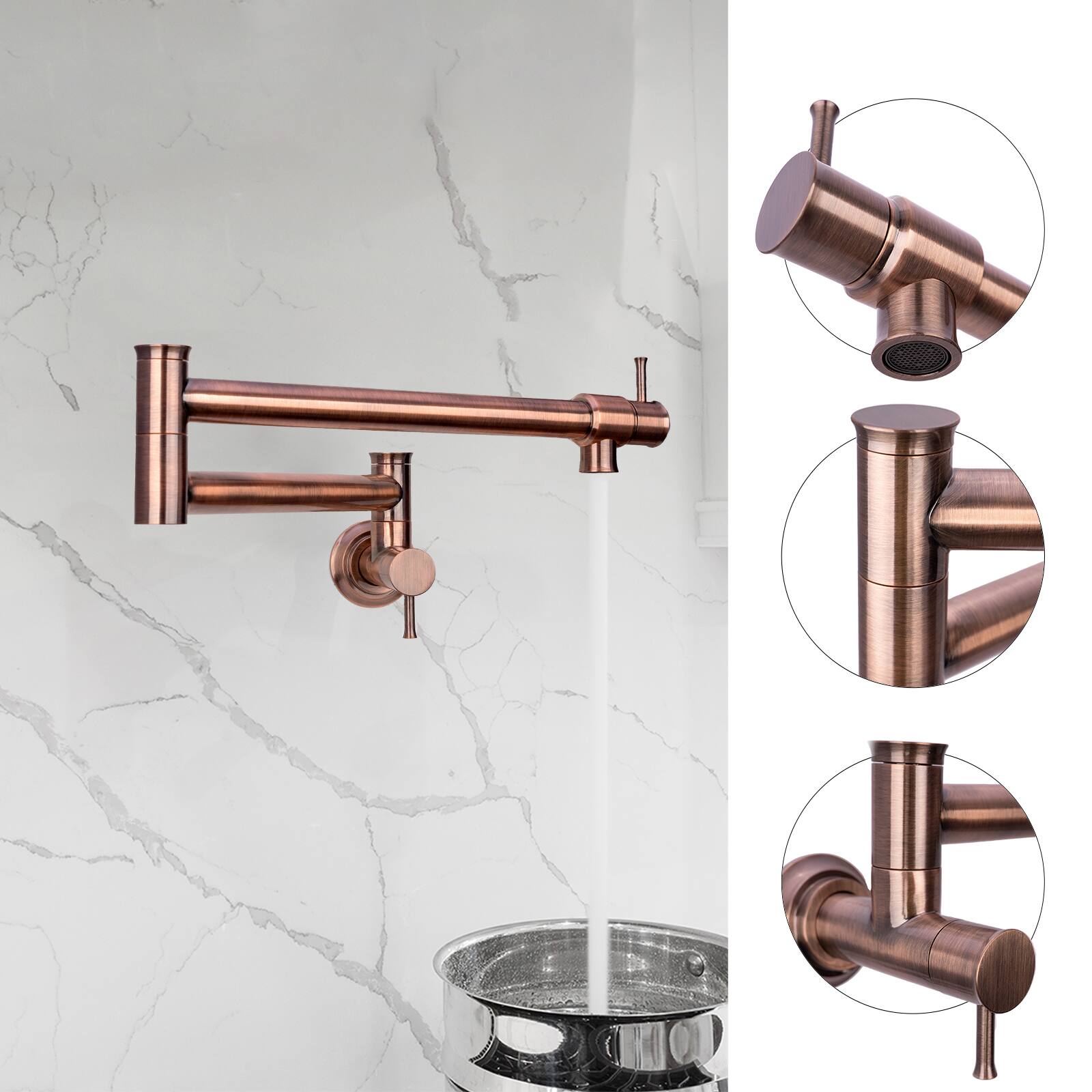 Alt View 2. Akicon - Akicon Solid Brass Wall-Mounted Pot Filler Kitchen Faucet with Double Joint Swing Arms for Stovetop in Antique Copper - Antique Copper.