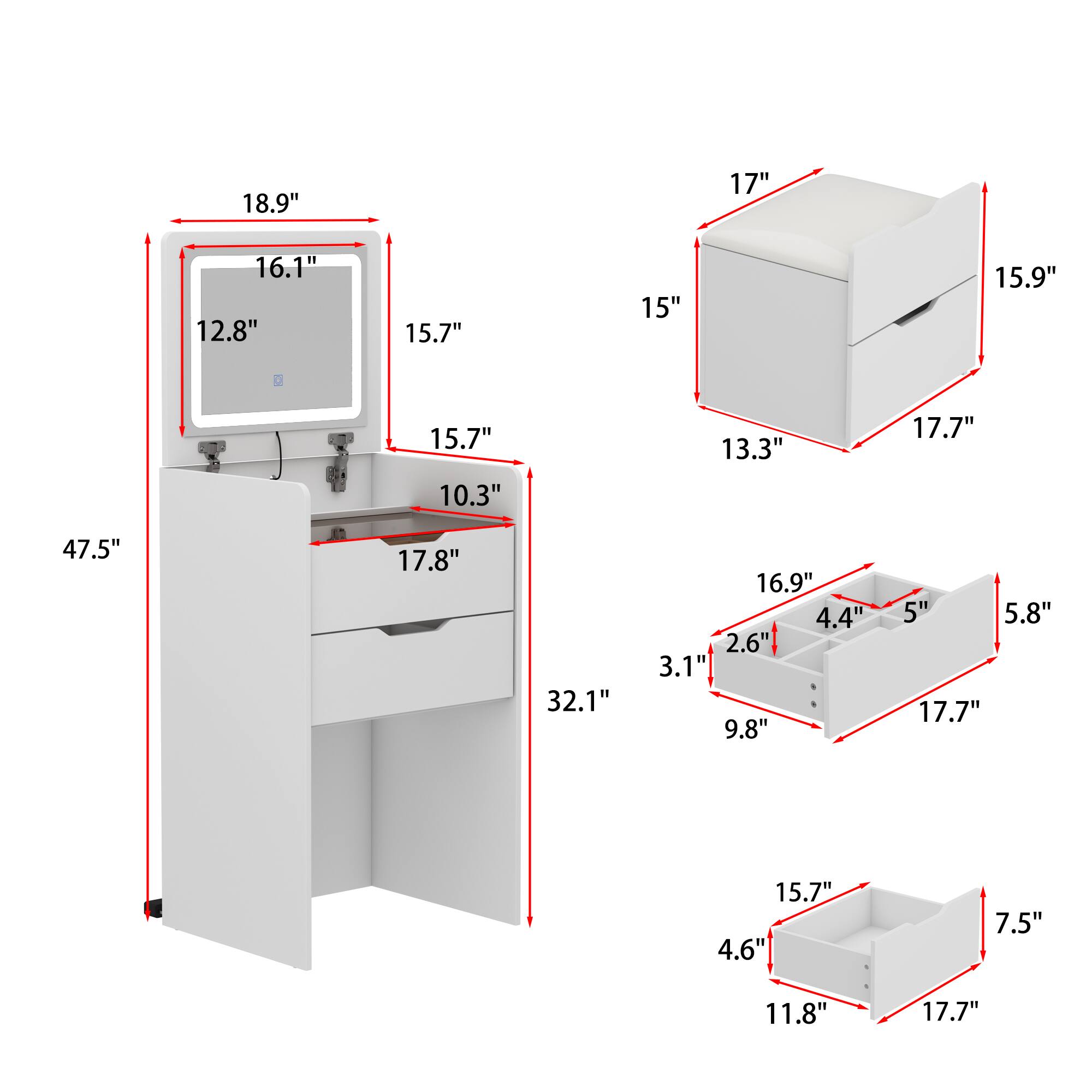 Here is the corrected and grouped text based on the image:

**Dimensions of the main unit:**
- 18.9"
- 16.1"
- 12.8"
- 15.7"
- 10.3"
- 13.3"
- 17.8"
- 32.1"
- 16.9"
- 47.5"

**Dimensions of the smaller units:**
- 15"
- 15.9"
- 4.4"
- 2.6"
- 3.1"
- 9.8"
- 5"
- 5.8"
- 17.7"
- 4.6"
- 7.5"
- 11.8"
- 17.7"
- 15.7"
