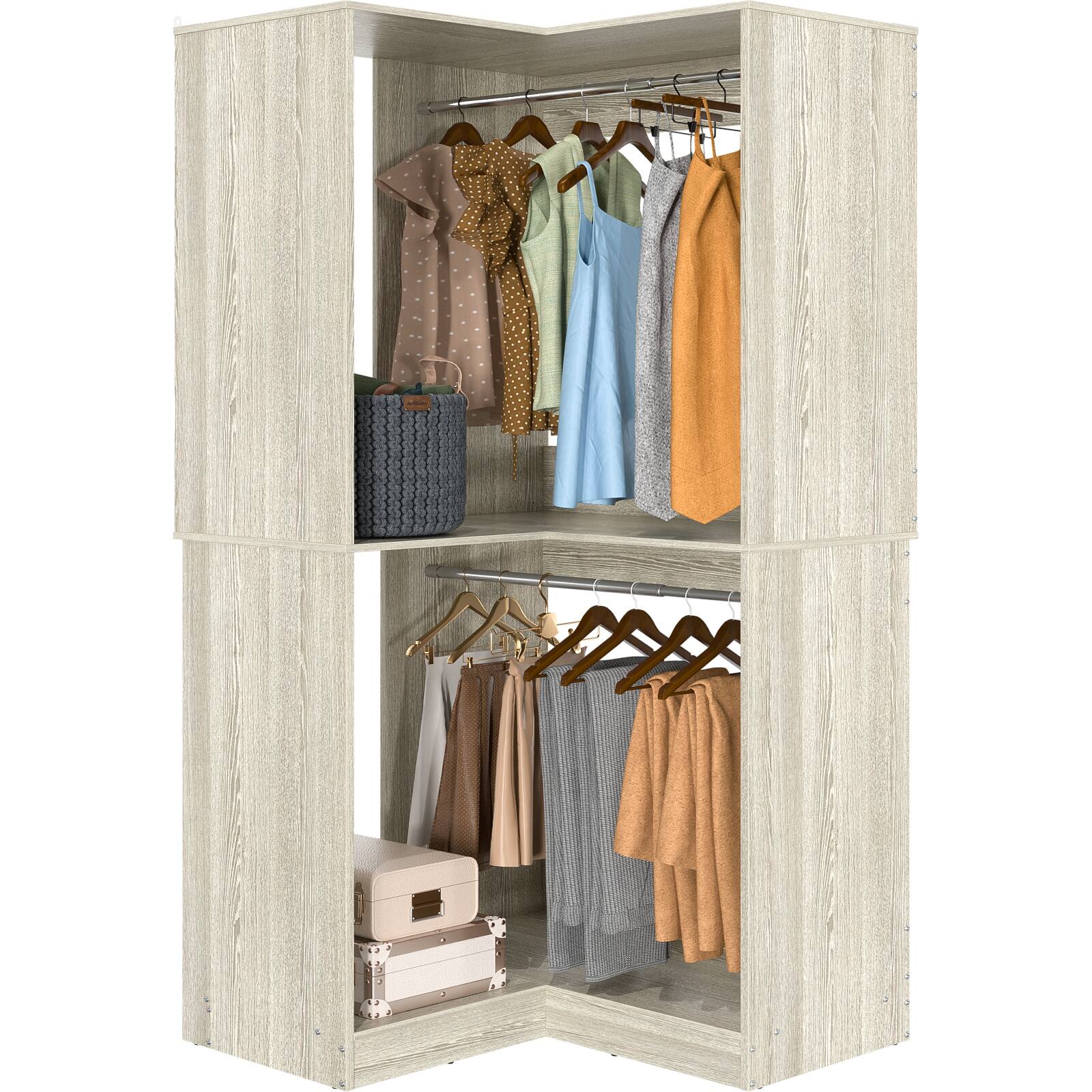 Alt View 3. Aheaplus - Corner Closet System, 32 Inch Wide Corner Unit with 2 Hanging Rods and Shelves, 3-Tier - Beige Oak.