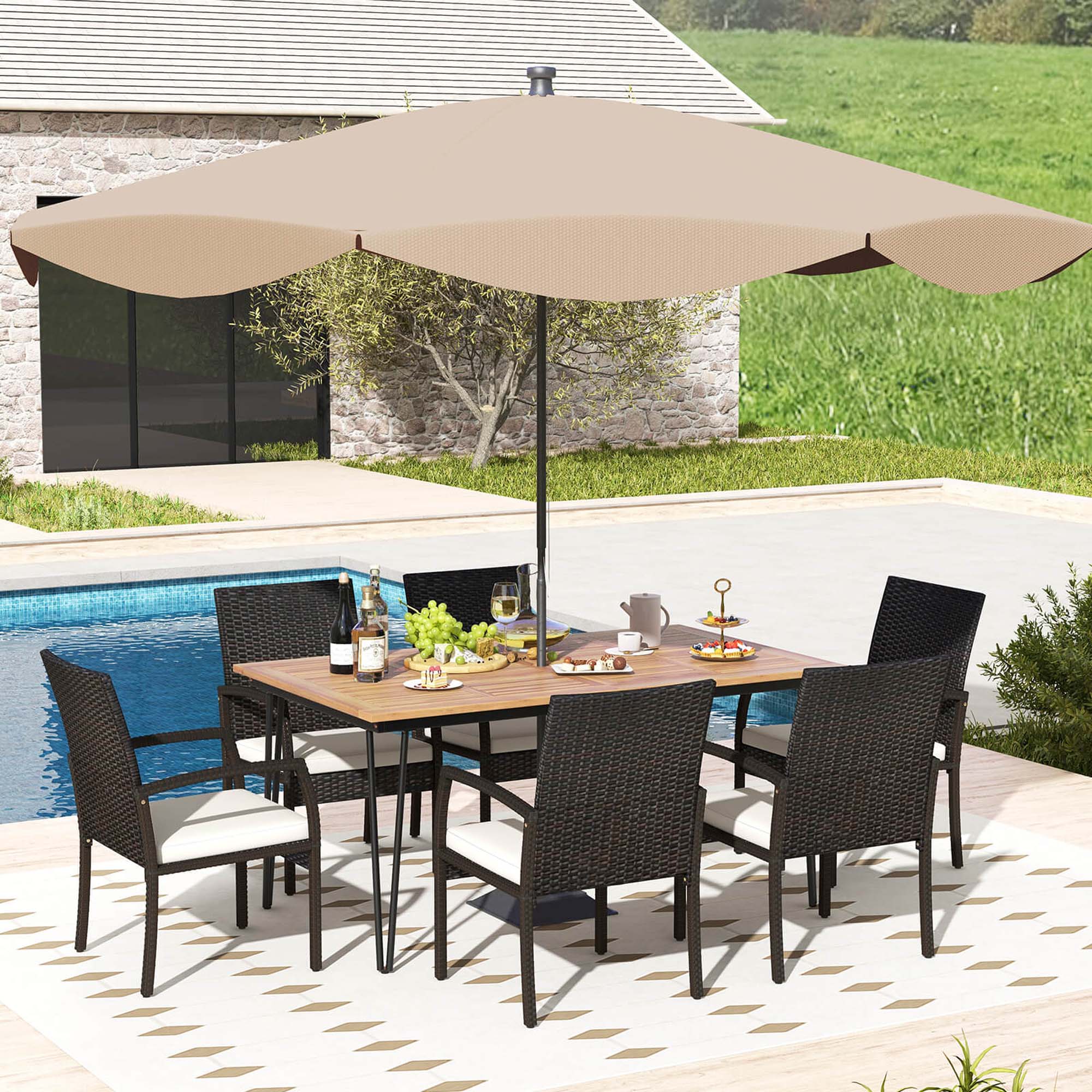 Alt View 1. Costway - 7 PCS Patio Dining Set with Acacia Wood Dining Table Rattan Armchairs Soft Cushions - Natural + Black.