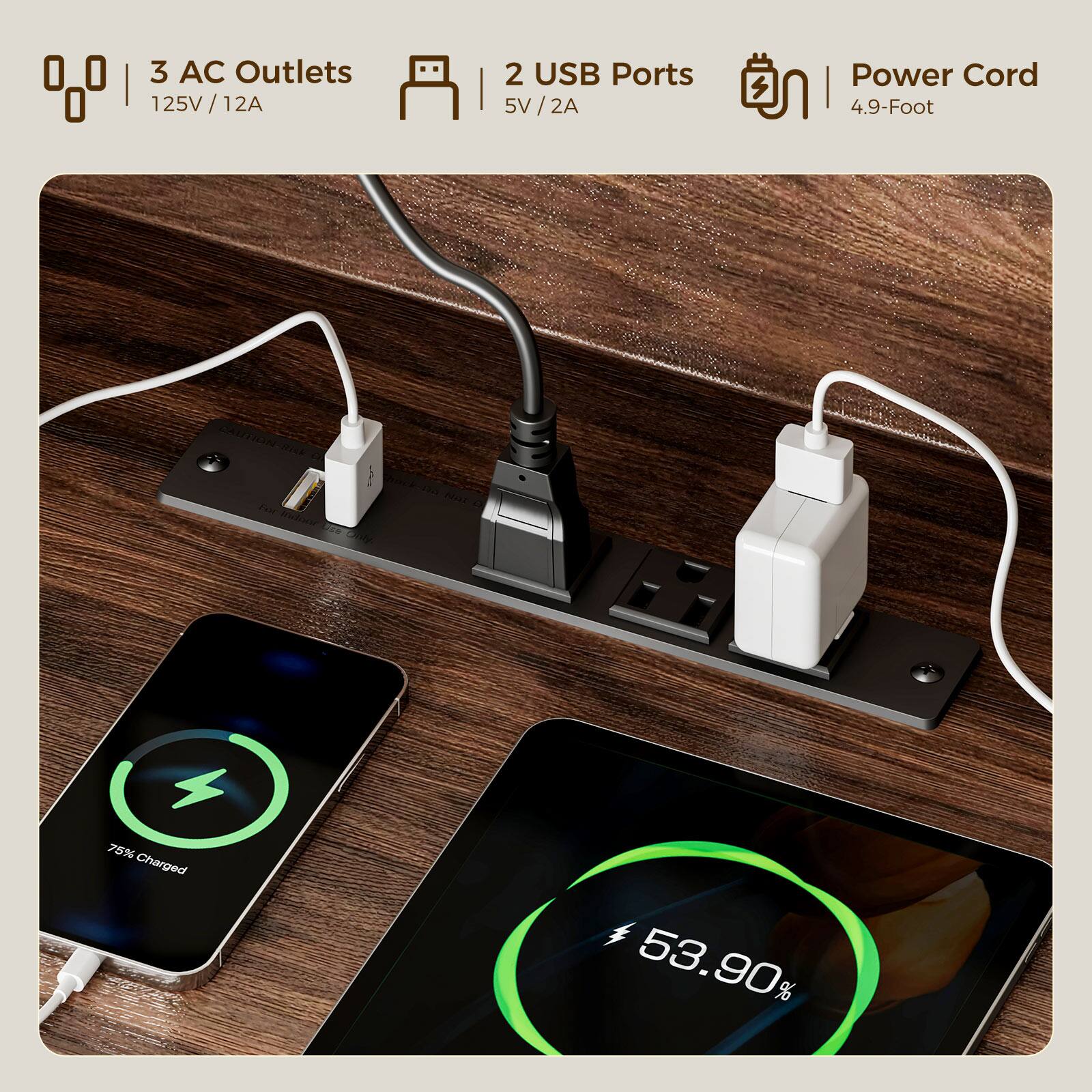 3 AC Outlets 125V/12A  
2 USB Ports 5V/2A  
Power Cord 4.9-Foot  
CAUTION: For Spobal Use Only.  
Not  
75% Charged  
53.90%