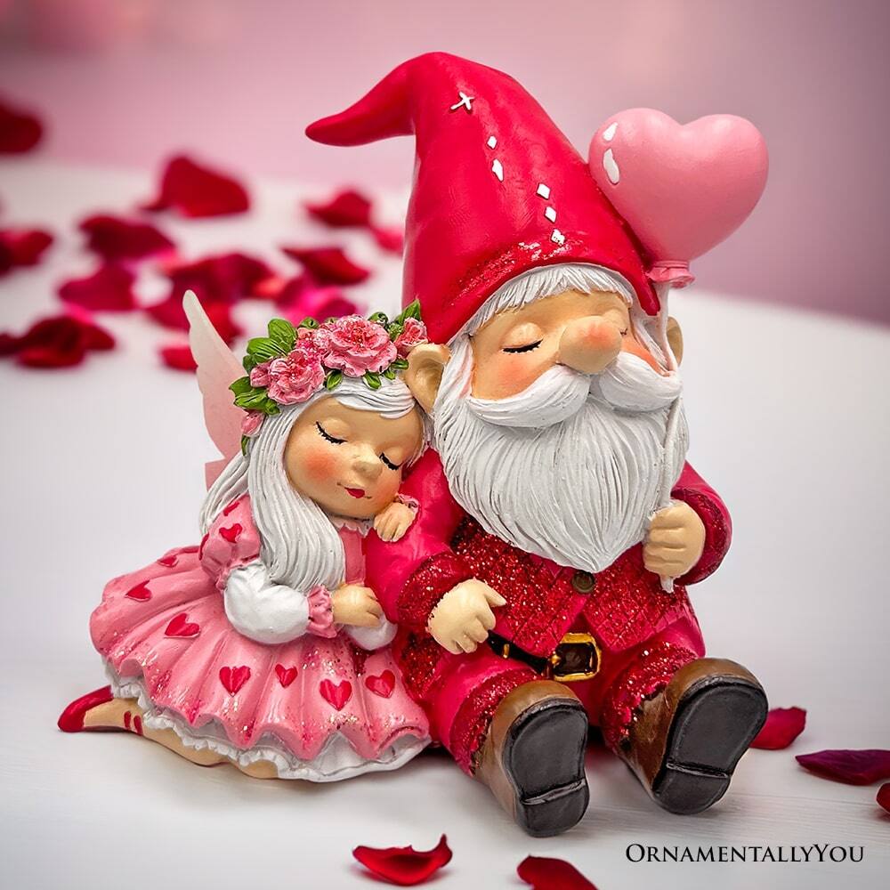 Alt View 1. OrnamentallyYou - Whimsical Love Story Gnome Couple Small Figurine, 4" Cute and Small Valentine's Day Gift Mini Statue - Pink.