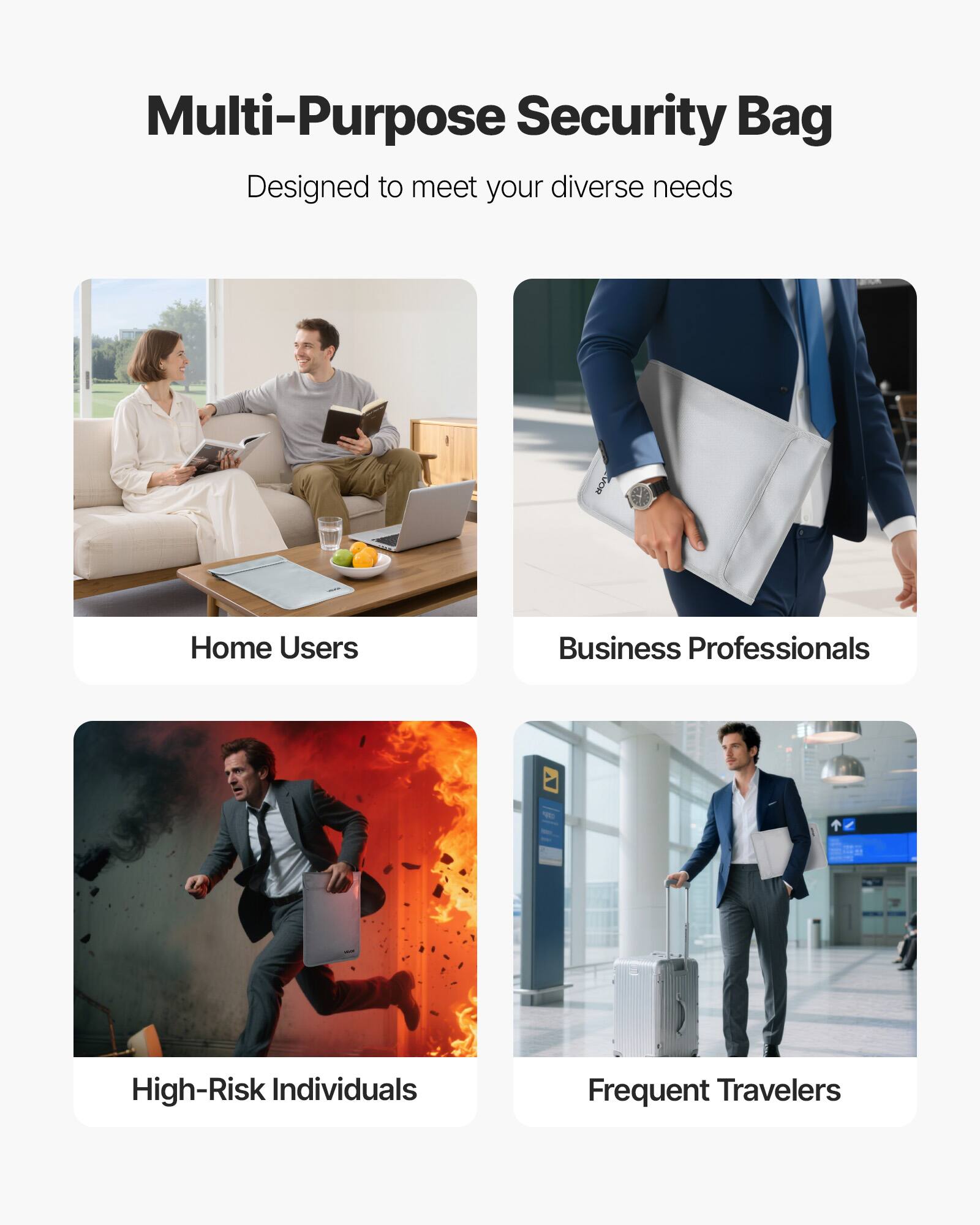 Multi-Purpose Security Bag  
Designed to meet your diverse needs  

Home Users  
Business Professionals  
High-Risk Individuals  
Frequent Travelers