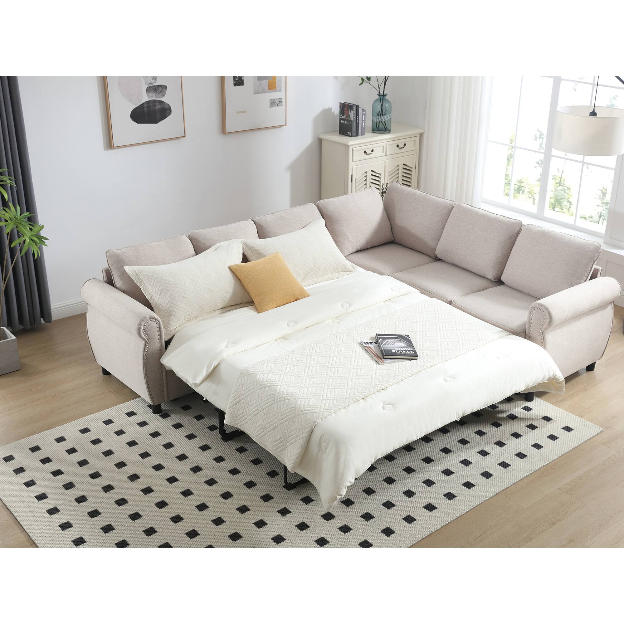 Alt View 1. Roomtec - Sleeper Sofa 2 in 1 Pull Out Couch Bed6 seater sofa bed L Shaped Sleeper Sectional Sofa - Beige.
