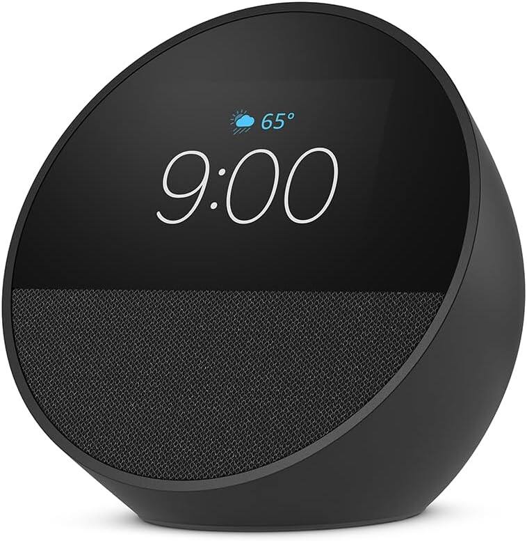 Alt View 2. Amazon - Echo Spot (2024) Smart alarm clock w/ vibrant sound and Alexa - Black + Screen Cleaning Kit - Black.