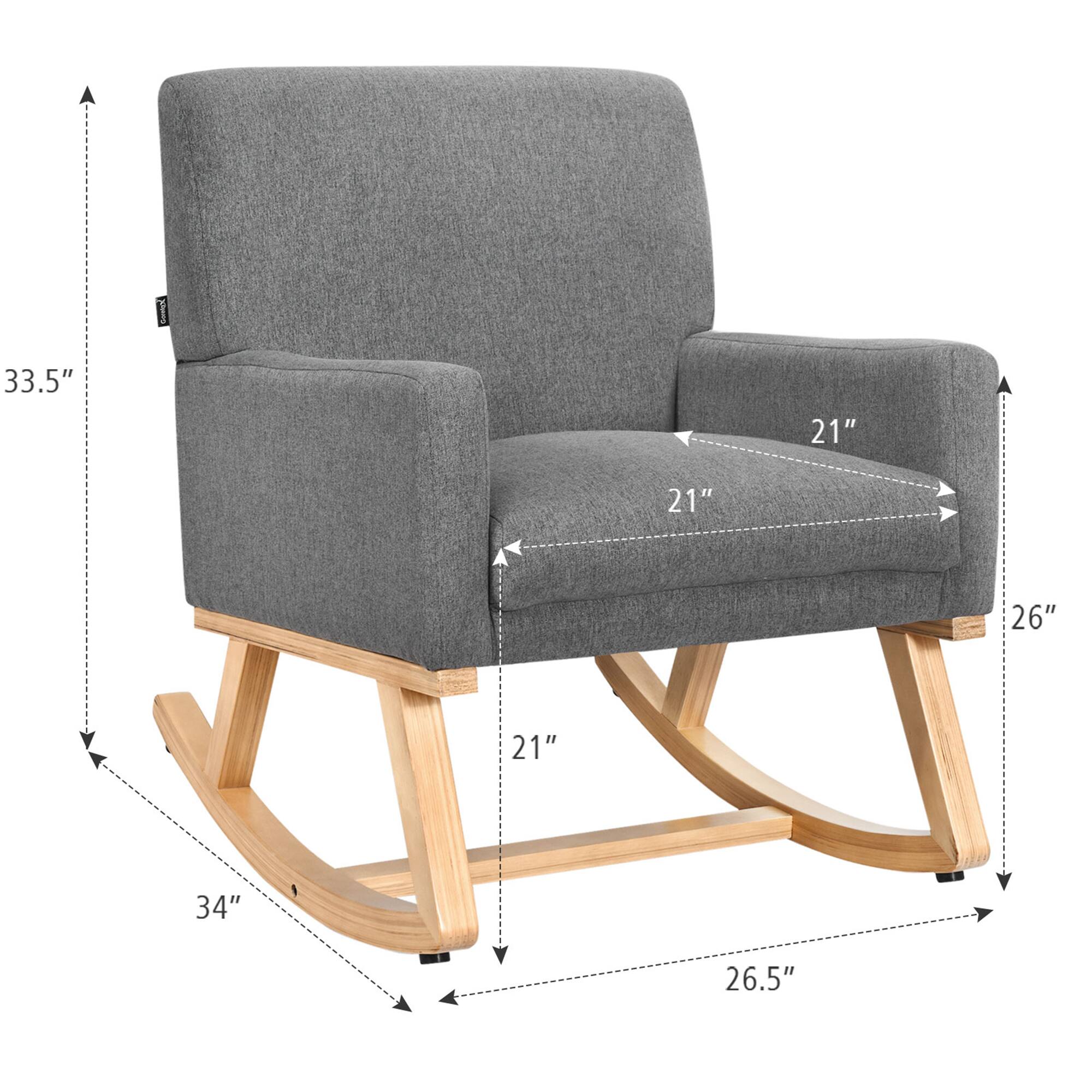 The dimensions of the chair are as follows:

- Height: 33.5"
- Width: 21"
- Depth: 26"
- Seat Depth: 21"
- Armrest Height: 21"
- Width of the base: 34"
- Length of the base: 26.5"