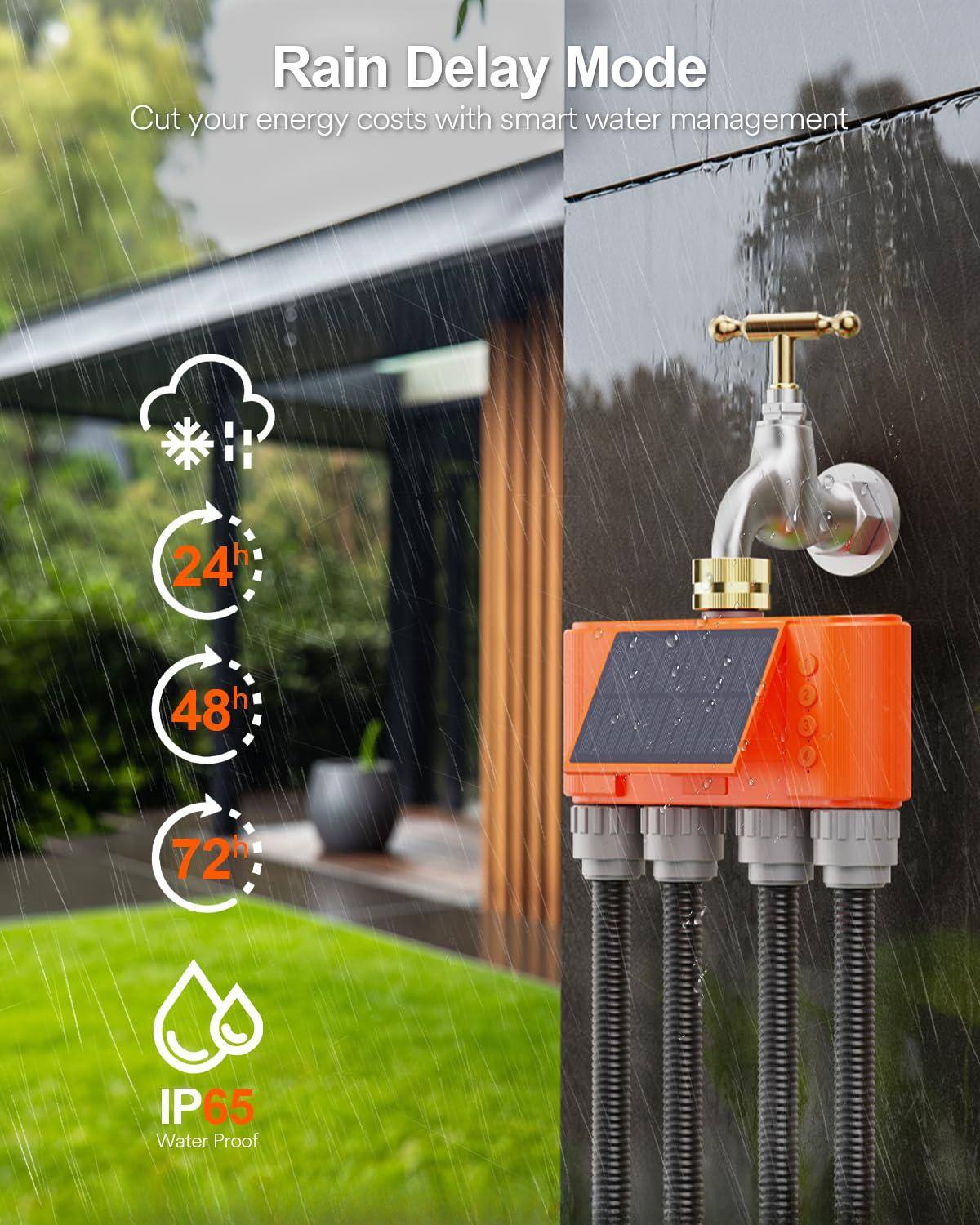 Rain Delay Mode  
Cut your energy costs with smart water management  

24h  
48h  
72h  

IP65  
Water Proof