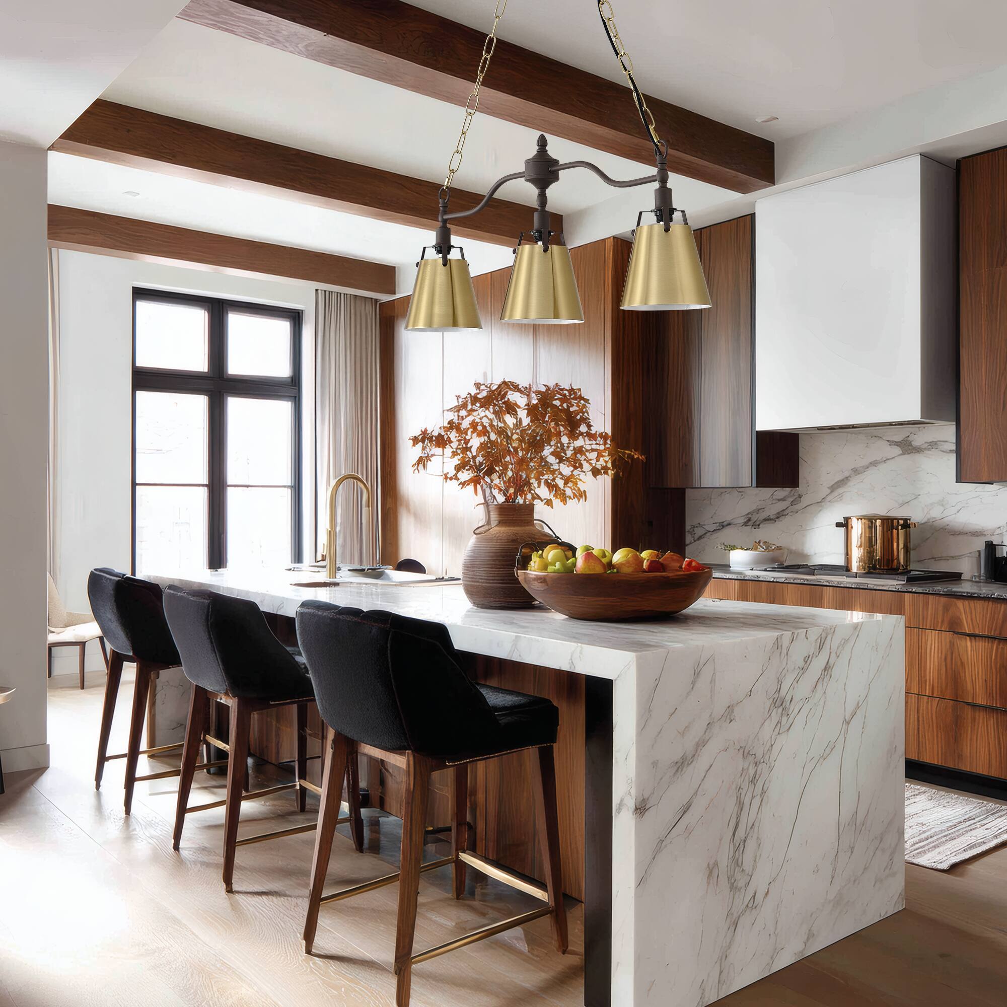 Left. RYHNUYNE - 3-Light Pendant Light 31Inch Modern Farmhouse Kitchen Island Chandelier with Flared Shades Adjustable Hanging Light - Gold.