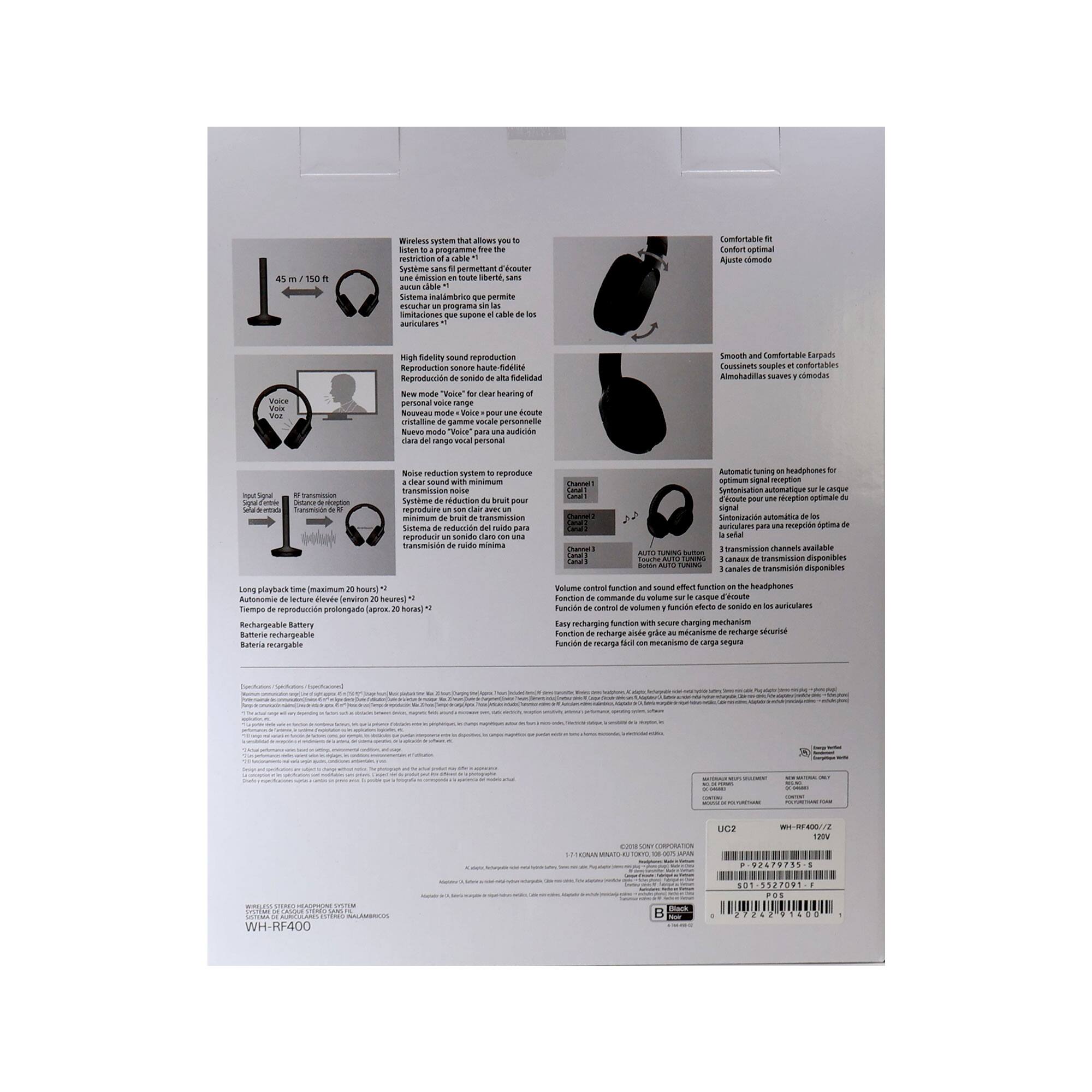 Windless system allows you to listen to a programme free of the restriction of the listener (écouteur) without limitations, as long as the cable is not cut. High Fidelity sound reproduction. Noise reduction system to reproduce a clear sound with minimum transmission loss. Comfortable fit. Smooth and Comfortable Earpads. Automatic tuning on headphones for optimal sound reception. Long playtime (maximum 20 hours). Rechargeable Battery.