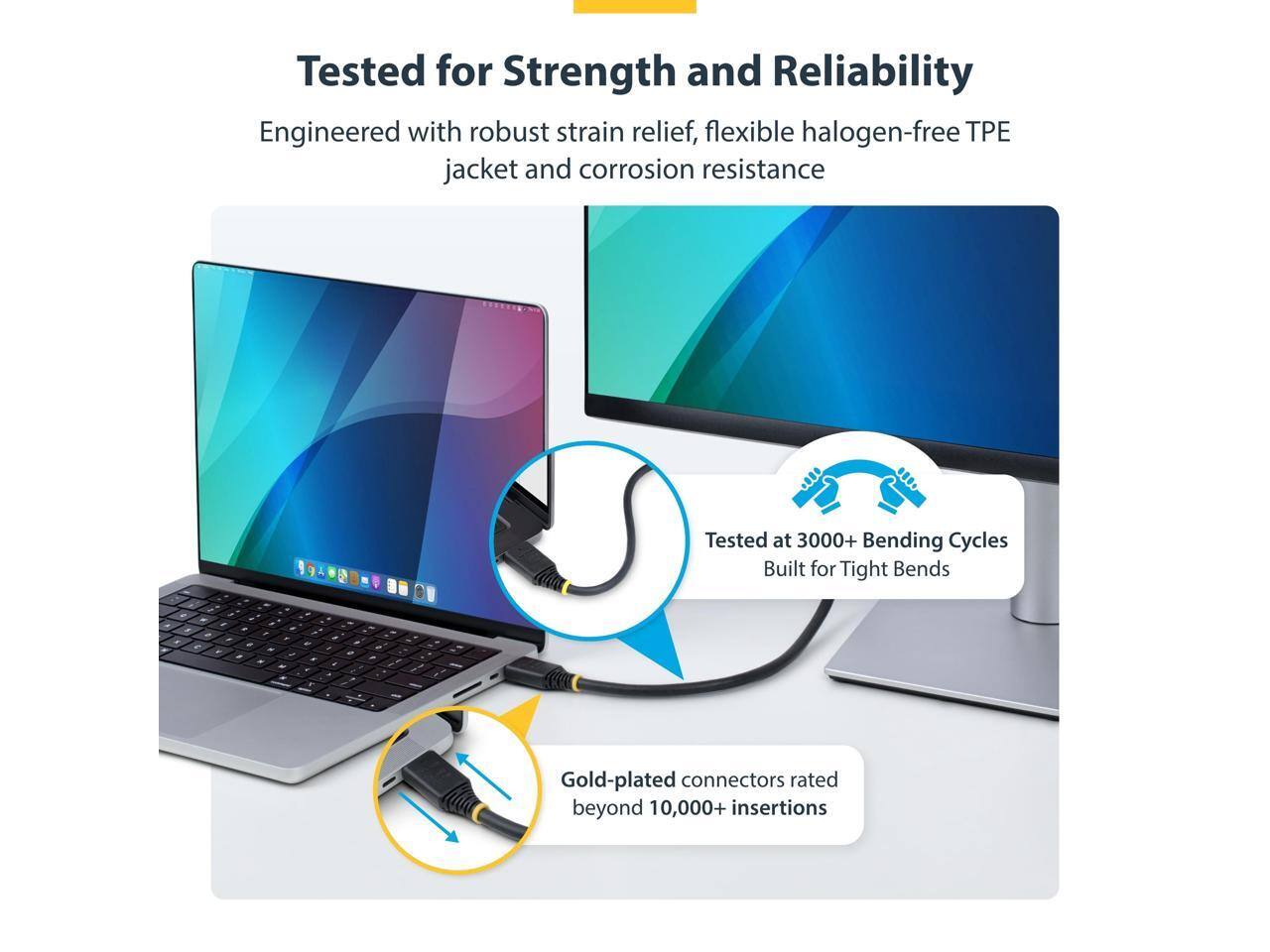 Tested for Strength and Reliability  
Engineered with robust strain relief, flexible halogen-free TPE jacket and corrosion resistance  

Tested at 3000+ Bending Cycles  
Built for Tight Bends  

Gold-plated connectors rated beyond 10,000+ insertions
